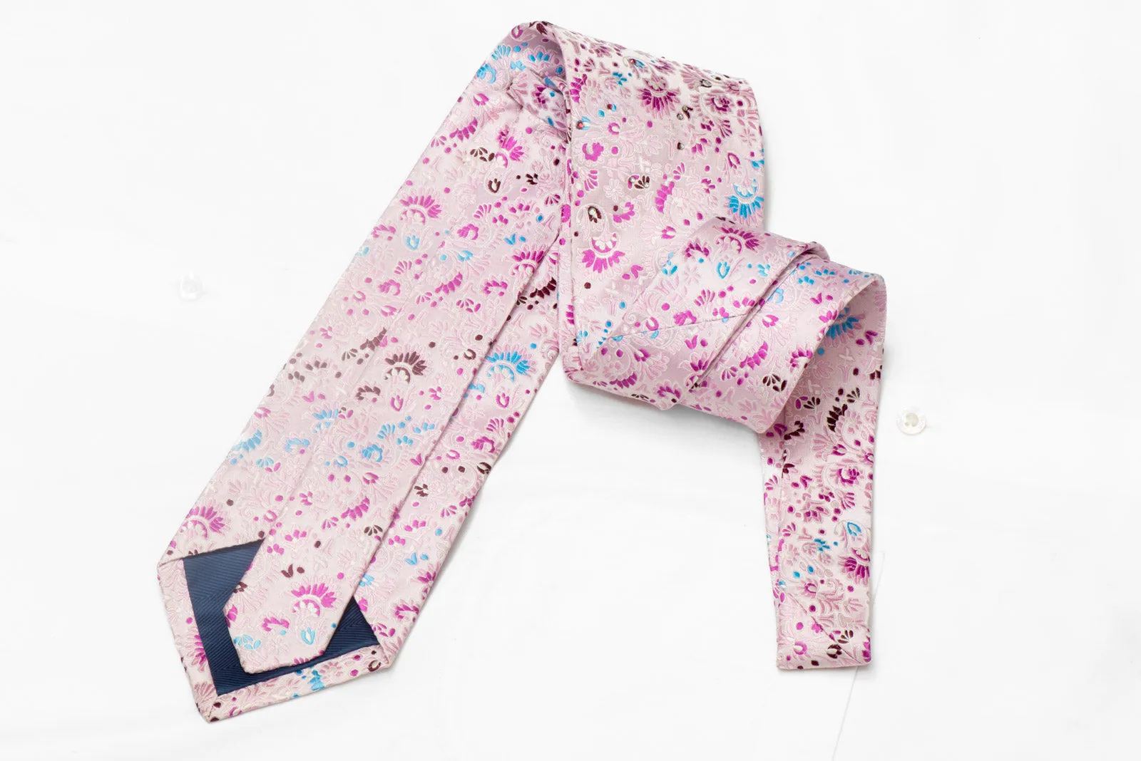 Floral On Pink Rhinestone Silk Necktie