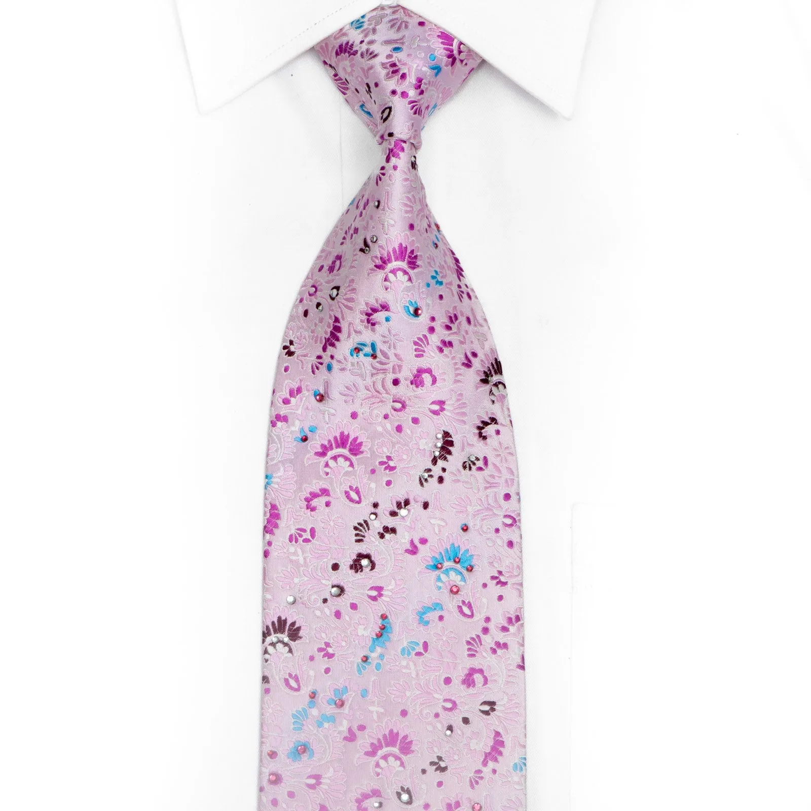 Floral On Pink Rhinestone Silk Necktie