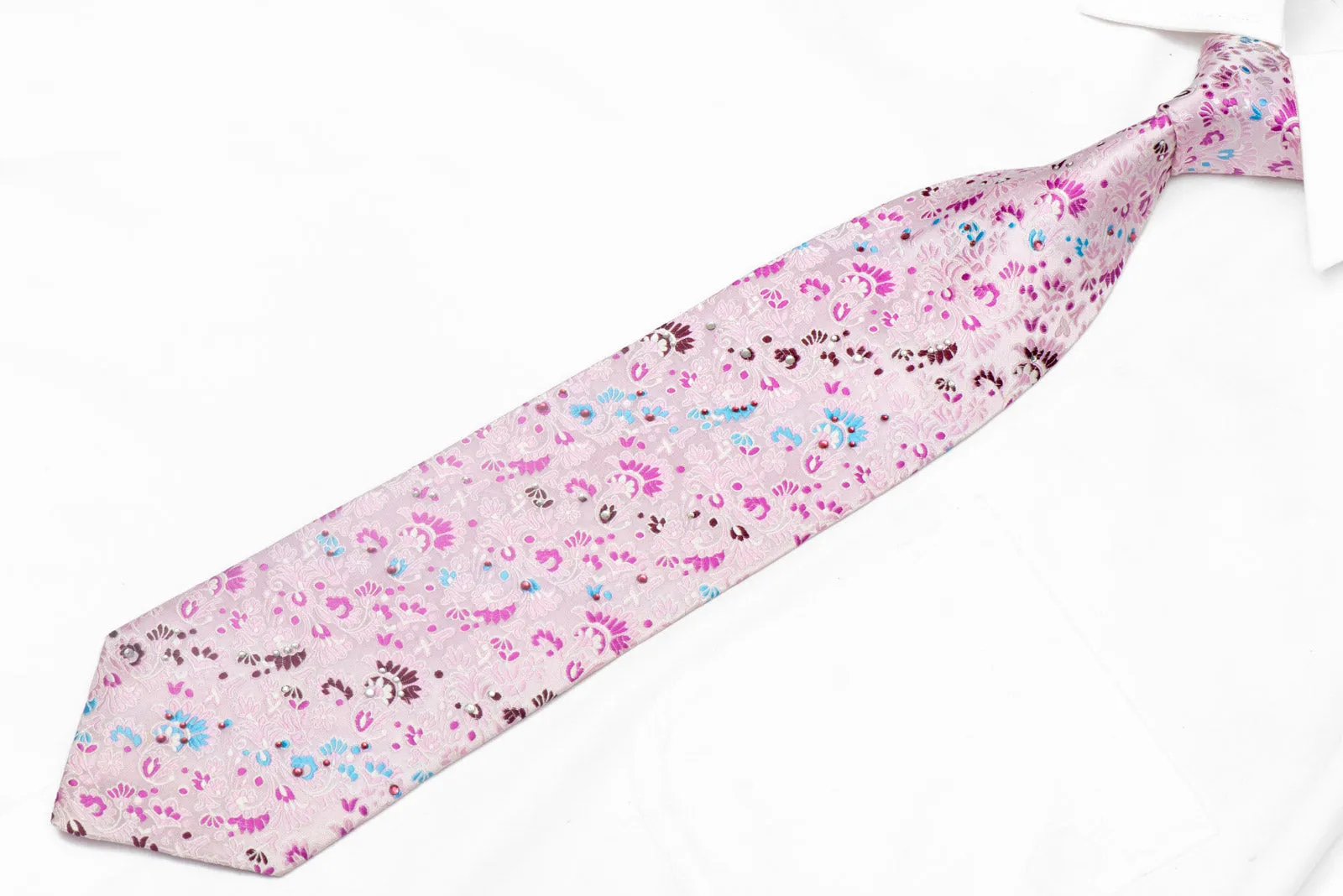 Floral On Pink Rhinestone Silk Necktie