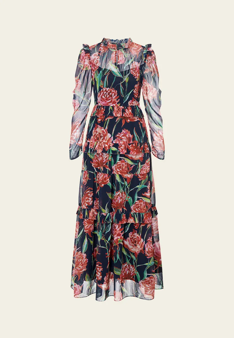 Floral Pattern Ruffle-trim Layered Chiffon Dress