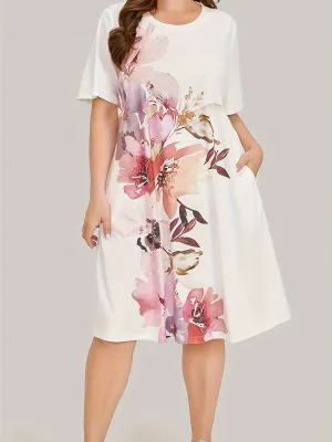 Floral Plus Size Women's Elegant Lounge Dress with Pocket Detail