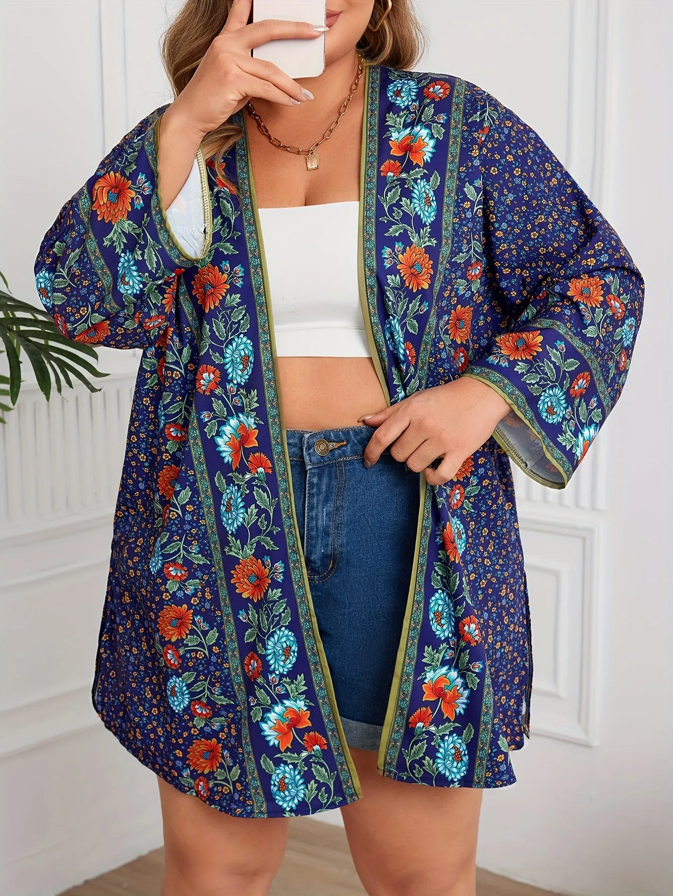 Floral Print Colorblock Plus Size Boho Cardigan with Long Sleeve