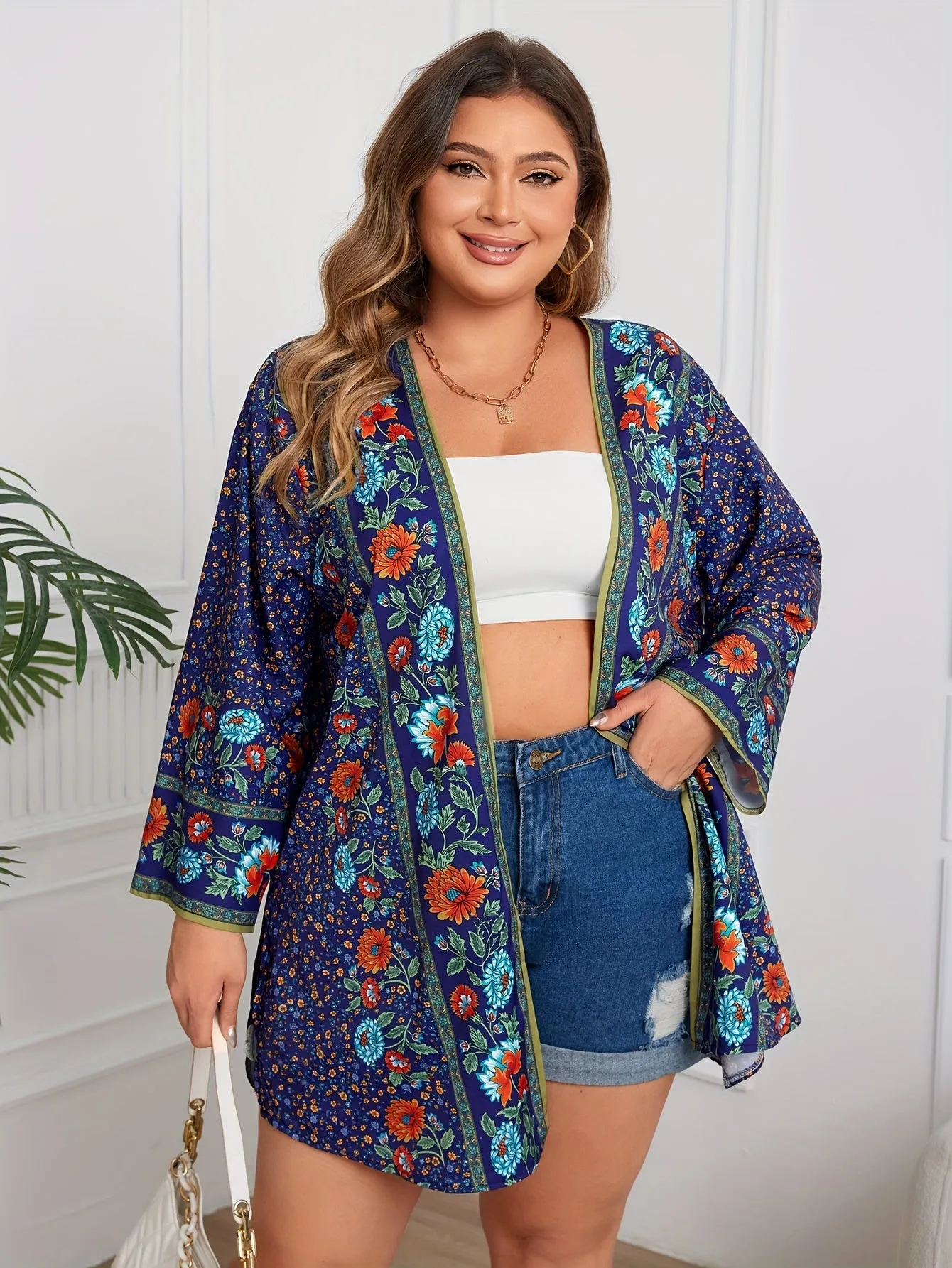 Floral Print Colorblock Plus Size Boho Cardigan with Long Sleeve