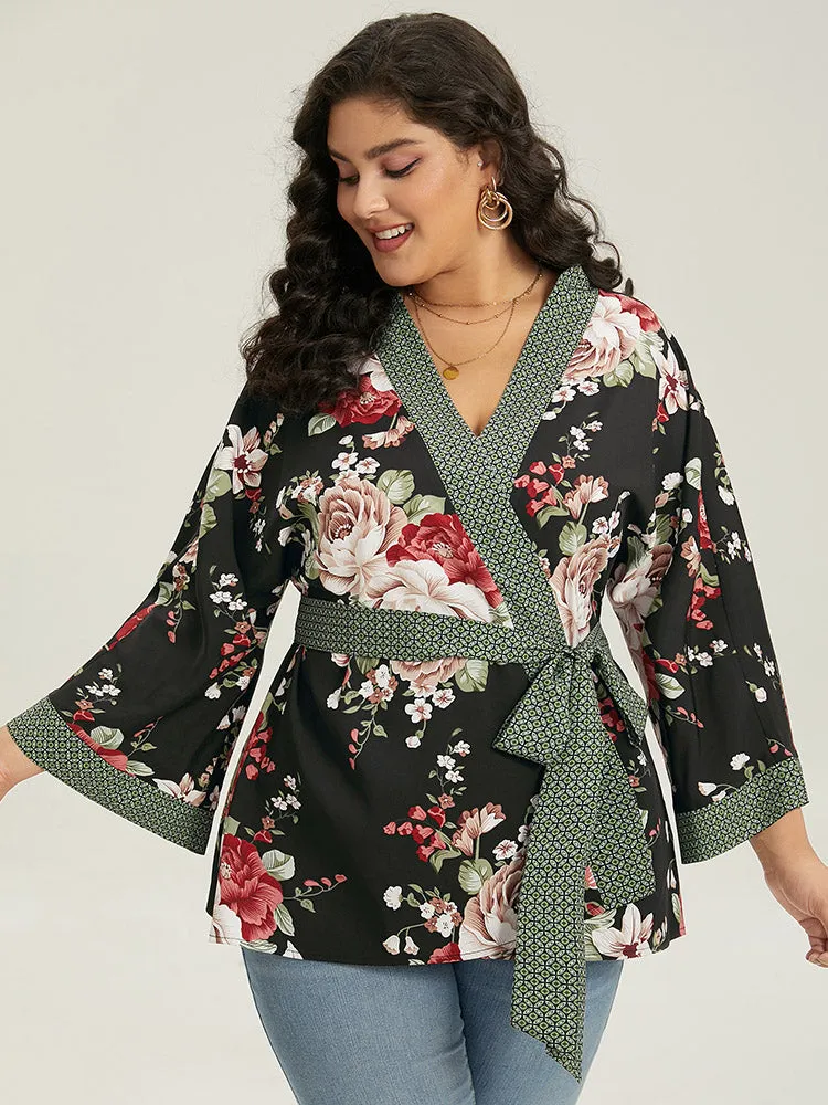 Floral Print Contrast Trim Belted Kimono