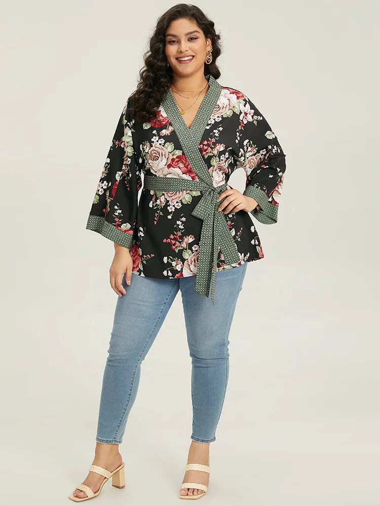 Floral Print Contrast Trim Belted Kimono