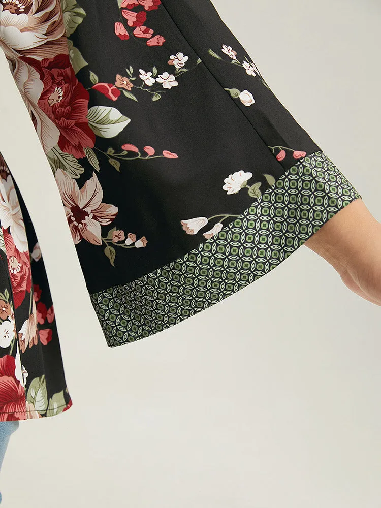 Floral Print Contrast Trim Belted Kimono