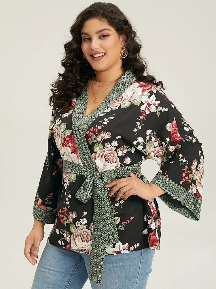 Floral Print Contrast Trim Belted Kimono