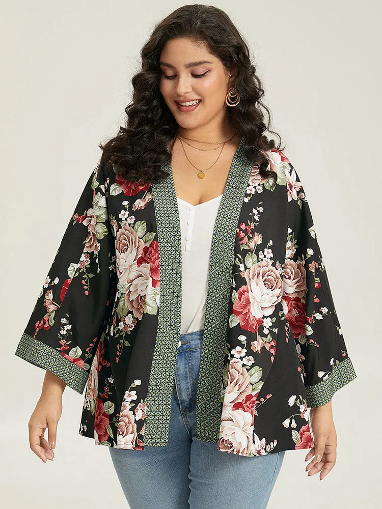 Floral Print Contrast Trim Belted Kimono