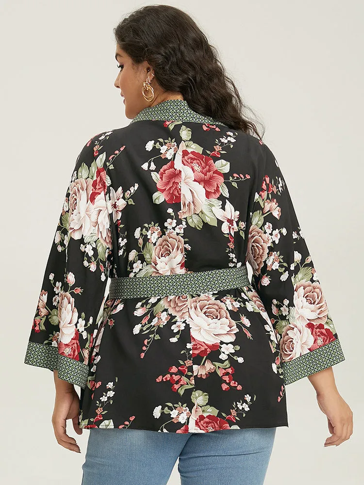 Floral Print Contrast Trim Belted Kimono