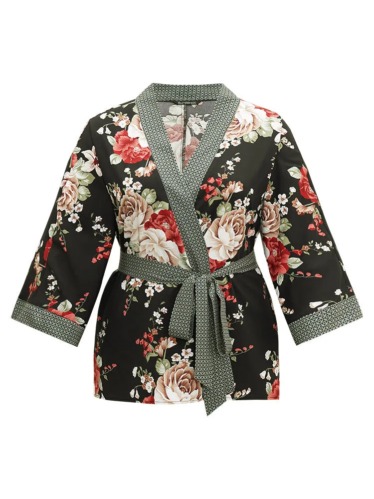 Floral Print Contrast Trim Belted Kimono