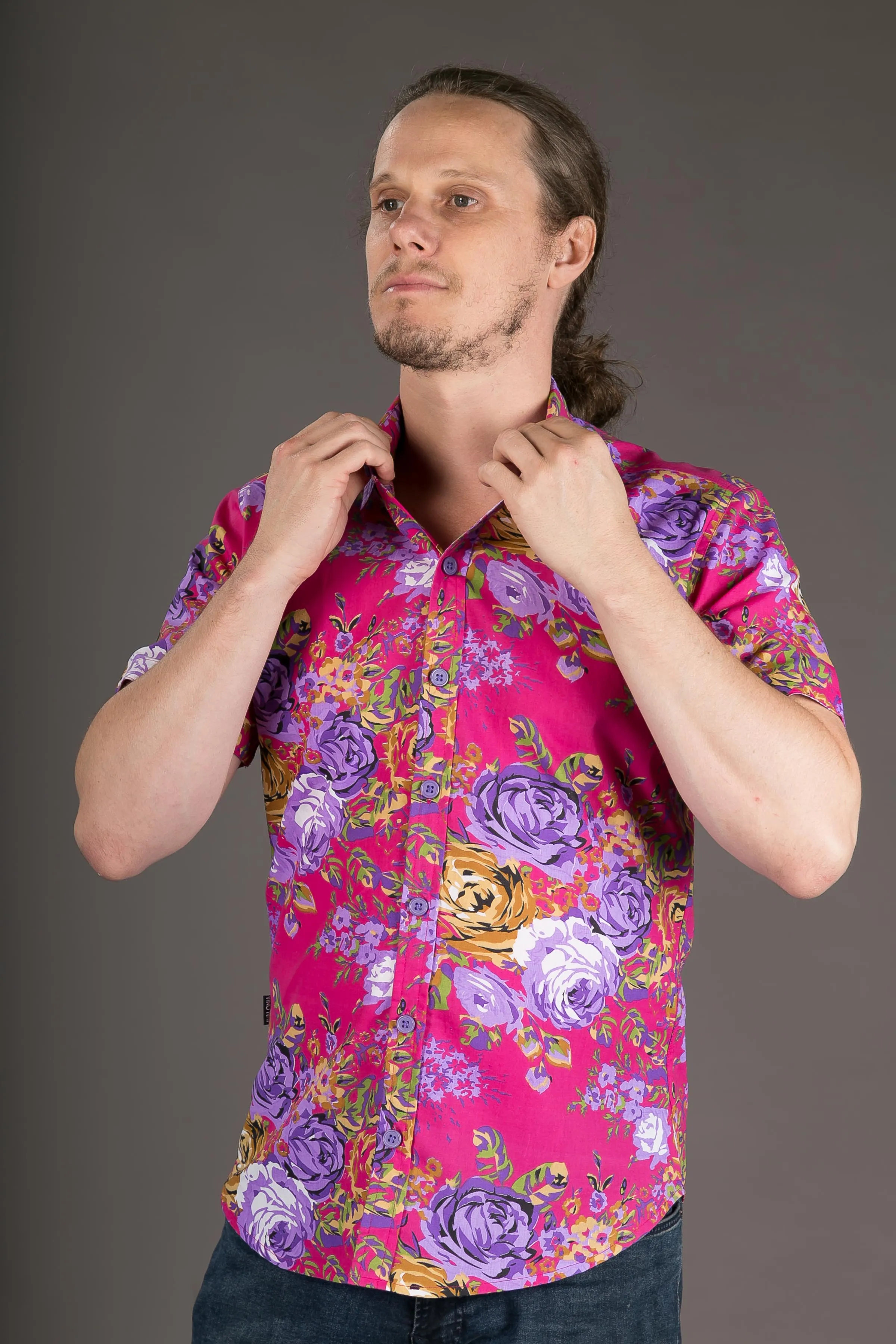 Floral Print Cotton Slim Fit Mens Shirt Short Sleeve