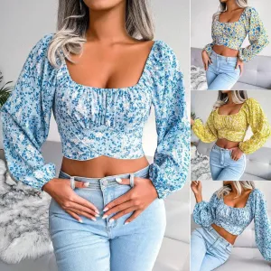 Floral Print Long Sleeves Square Collar Crop Top 8396