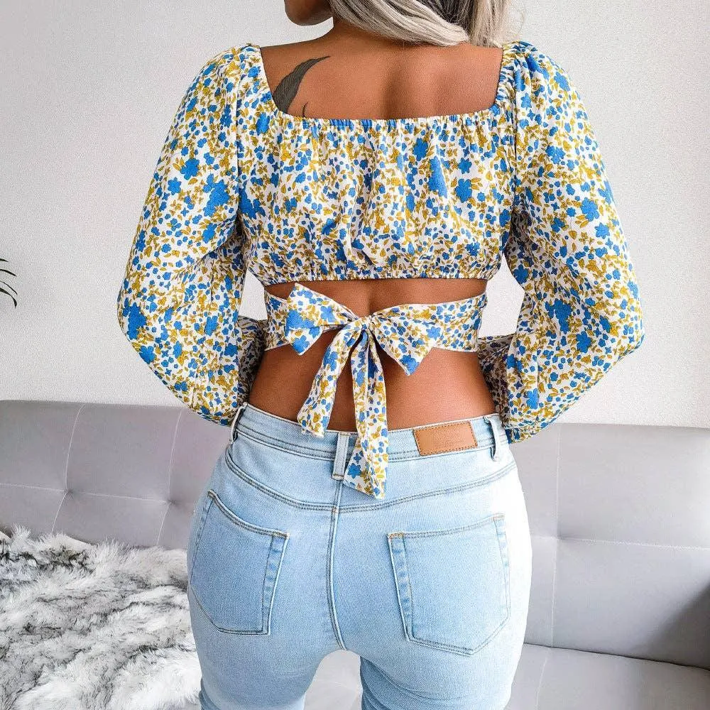 Floral Print Long Sleeves Square Collar Crop Top 8396