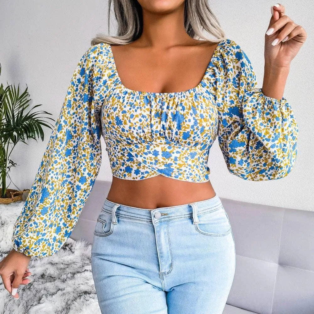 Floral Print Long Sleeves Square Collar Crop Top 8396