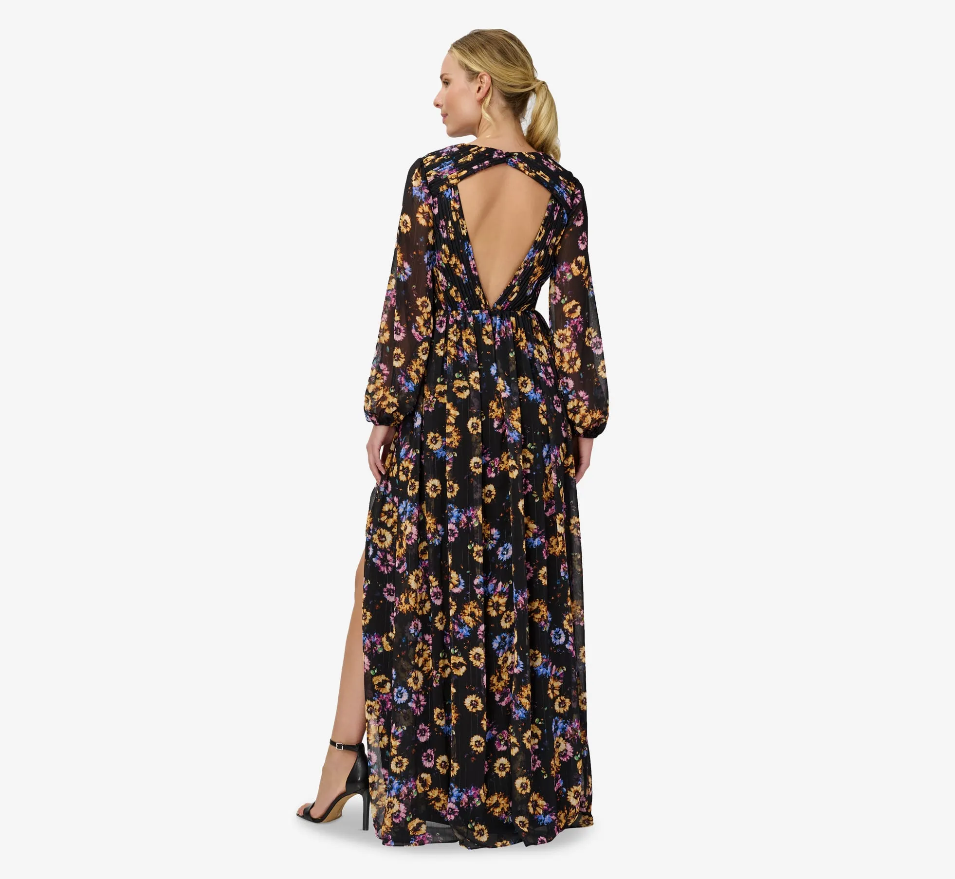 Floral-Print Pleated Chiffon Long A-Line Gown In Black Multi