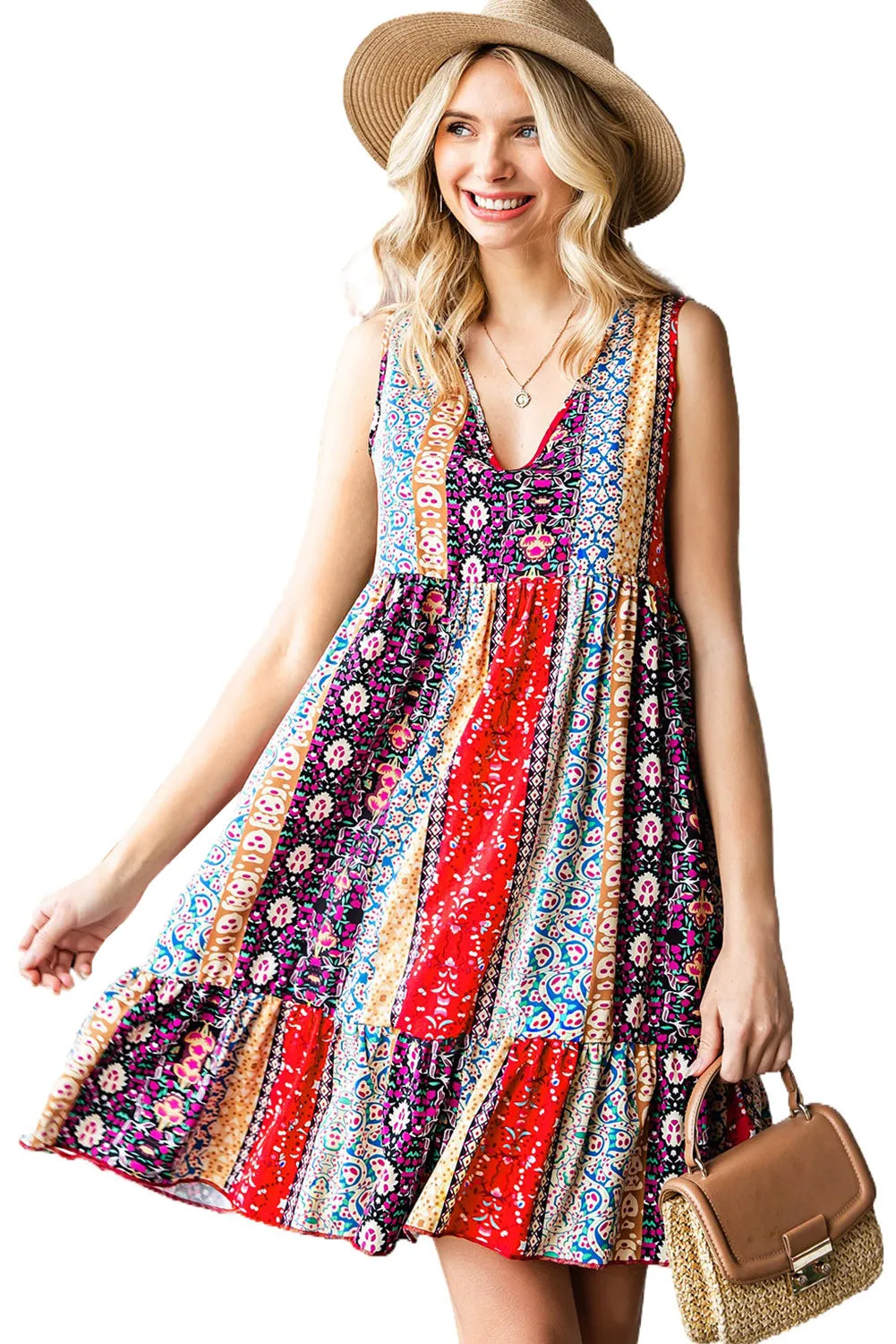 Floral Print Sleeveless Flounce Hem V Neck Short Boho Dress