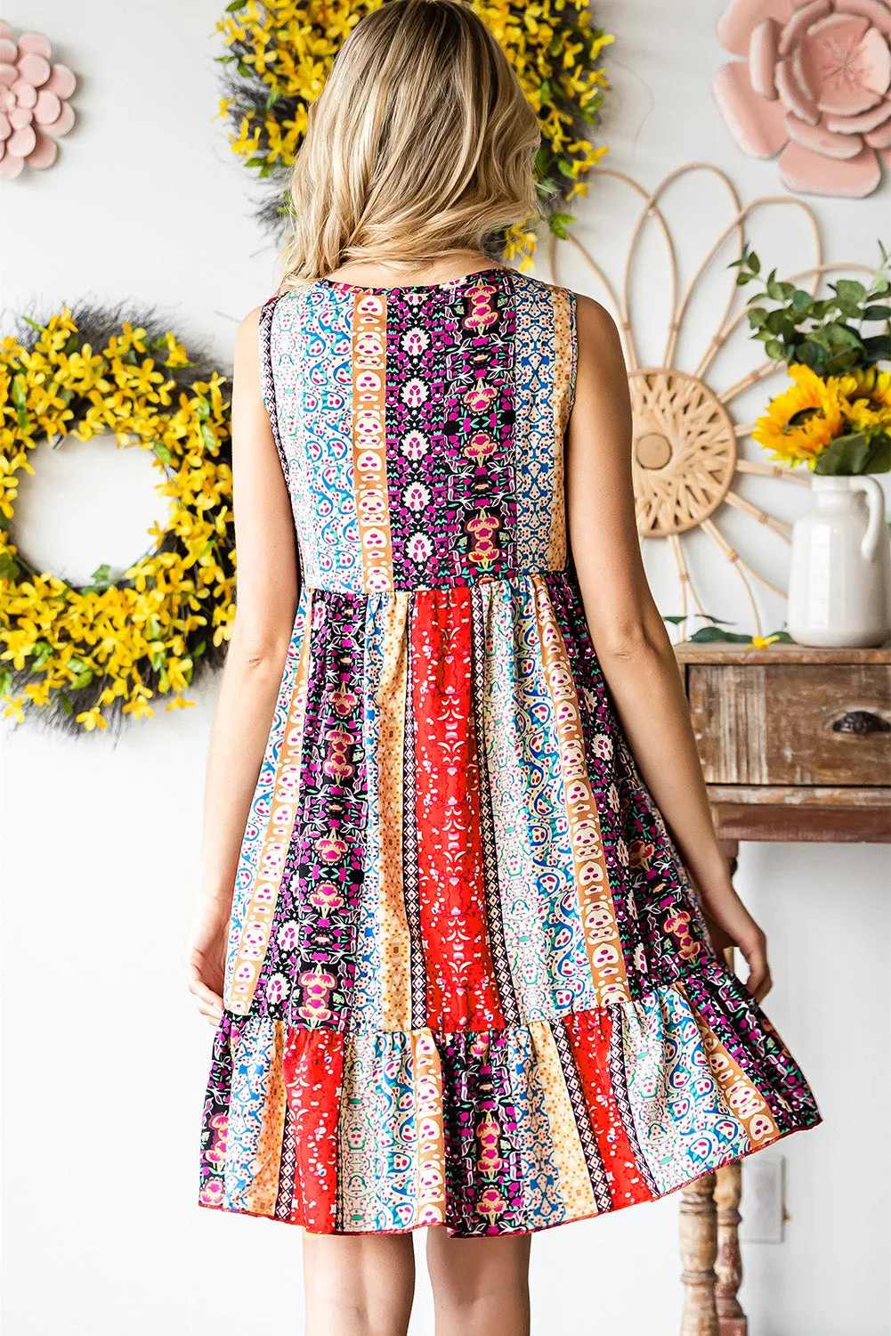 Floral Print Sleeveless Flounce Hem V Neck Short Boho Dress