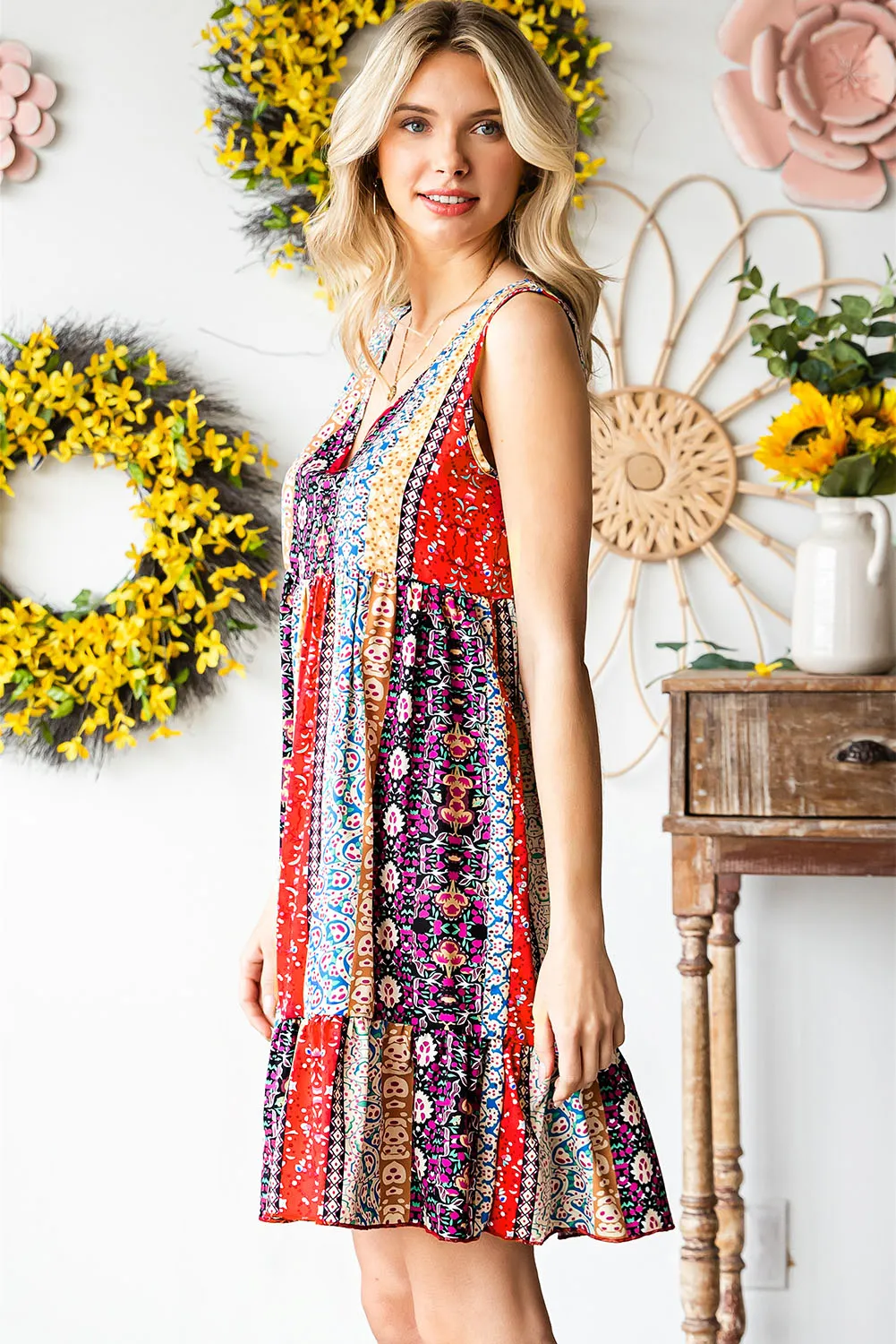 Floral Print Sleeveless Flounce Hem V Neck Short Boho Dress