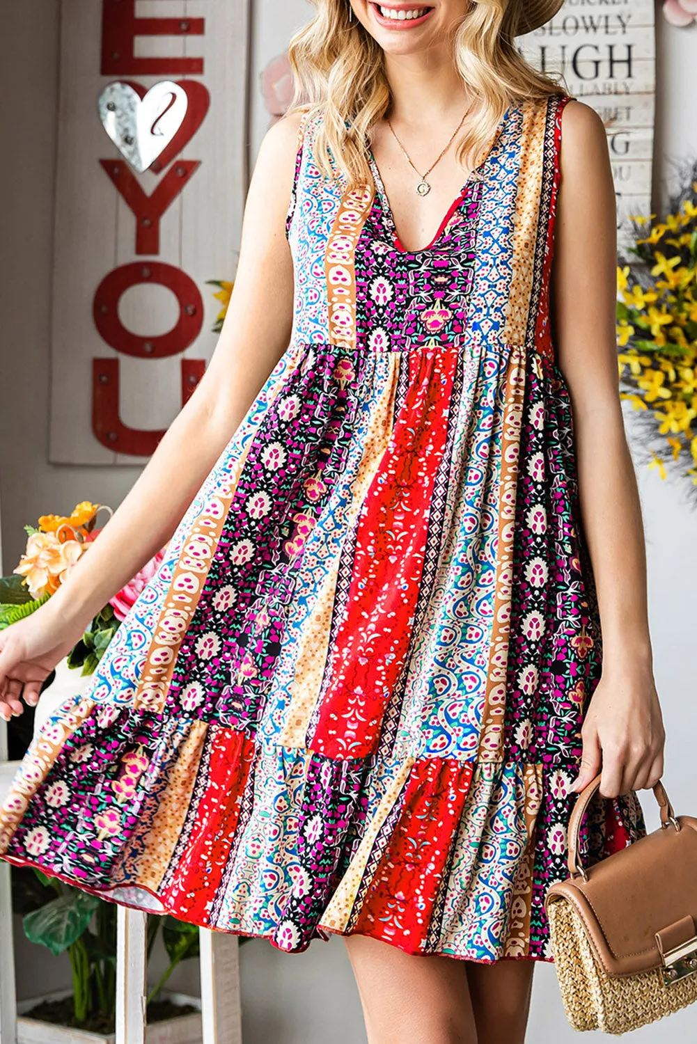 Floral Print Sleeveless Flounce Hem V Neck Short Boho Dress