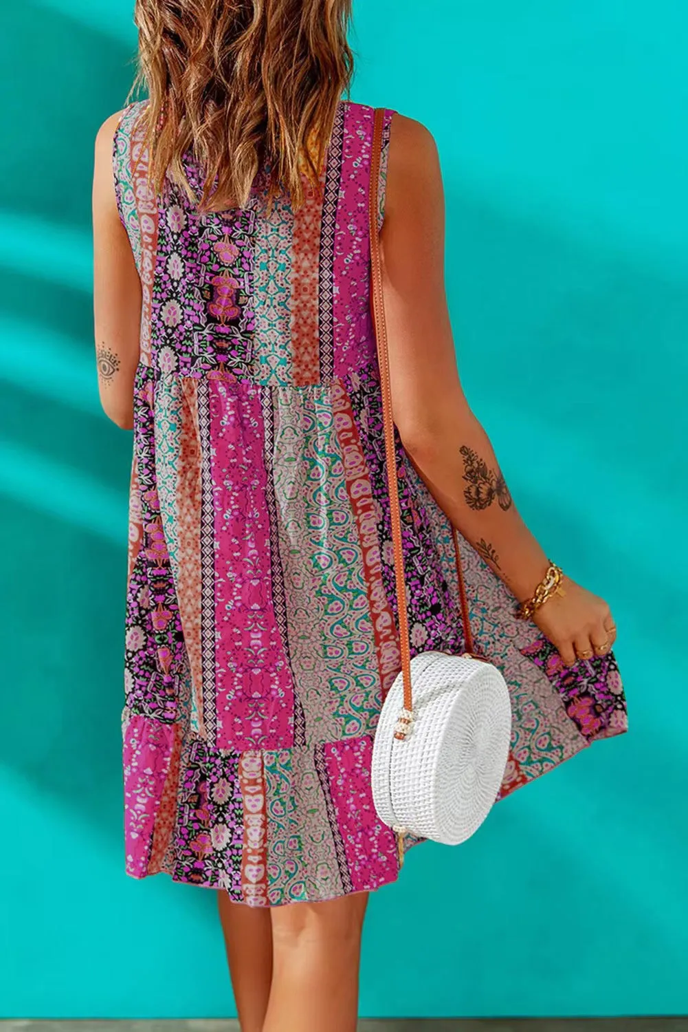 Floral Print Sleeveless Flounce Hem V Neck Short Boho Dress