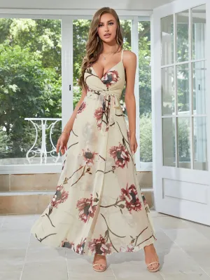 Floral Print Surplice Belted Maxi Dress