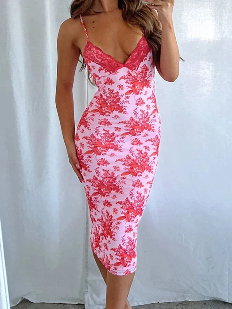 Floral Print V Neck Lace Slip Midi Dress for Women's Club Party