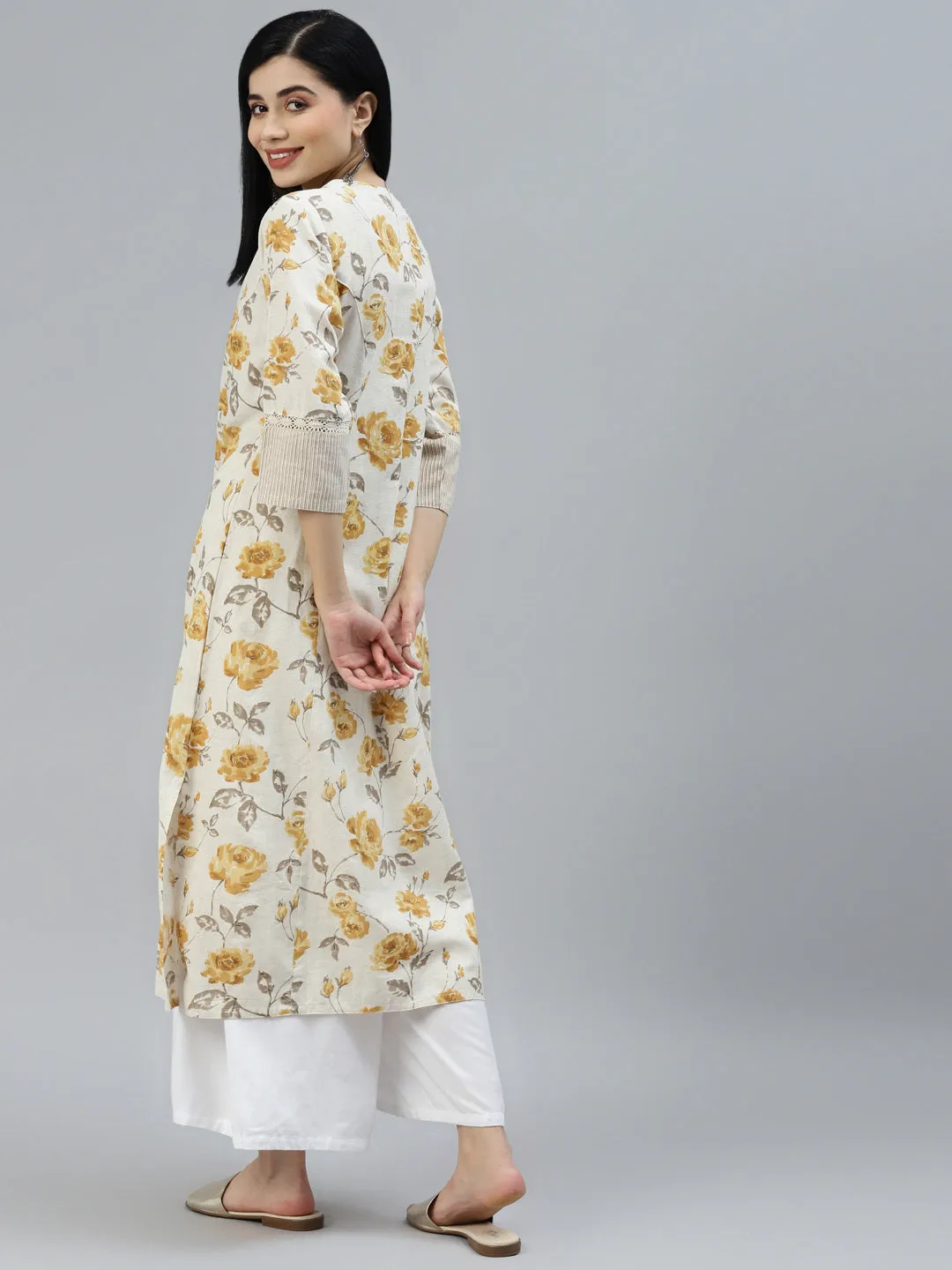 Floral Print Yellow Cotton A-Line Kurta