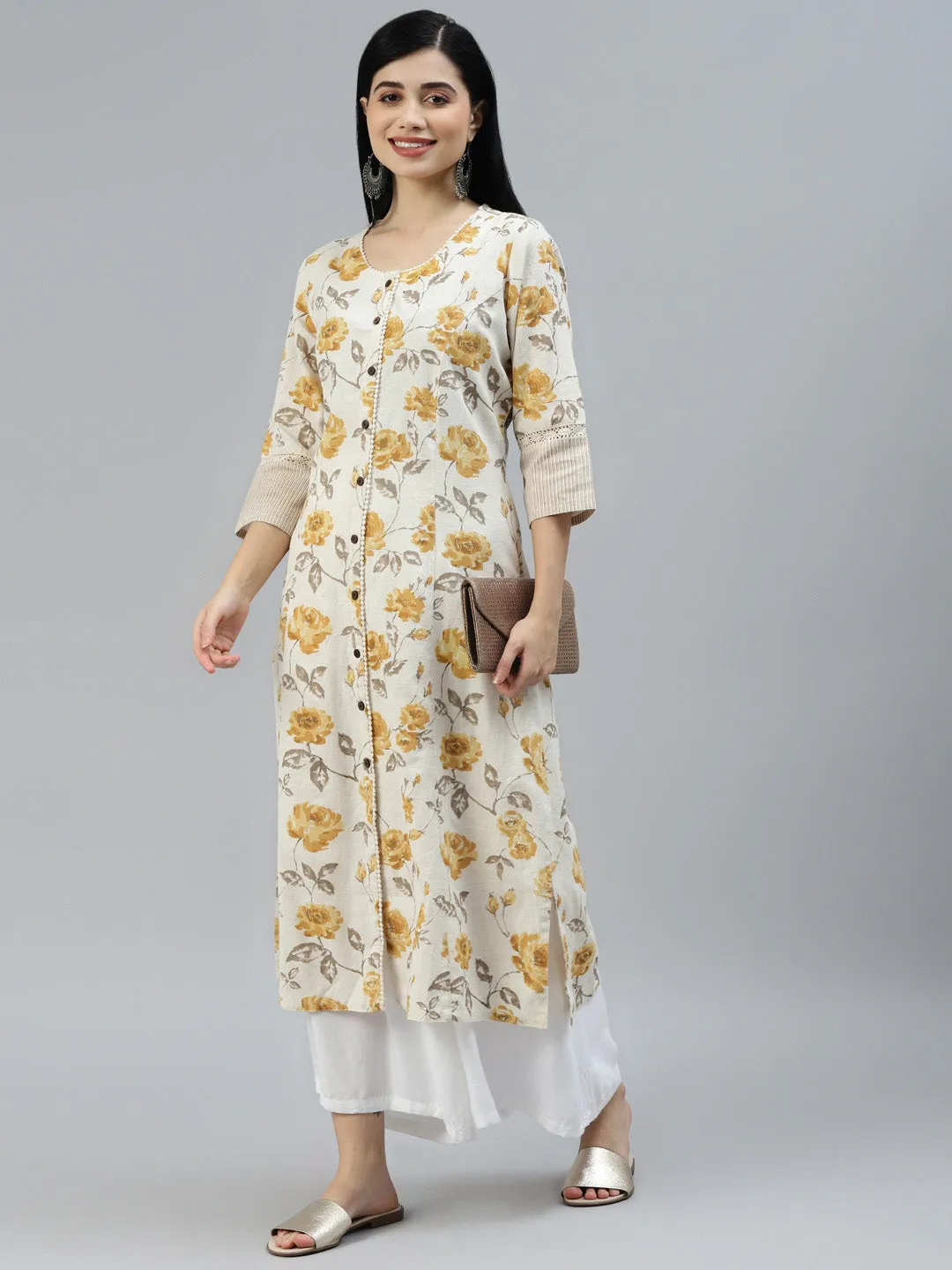 Floral Print Yellow Cotton A-Line Kurta