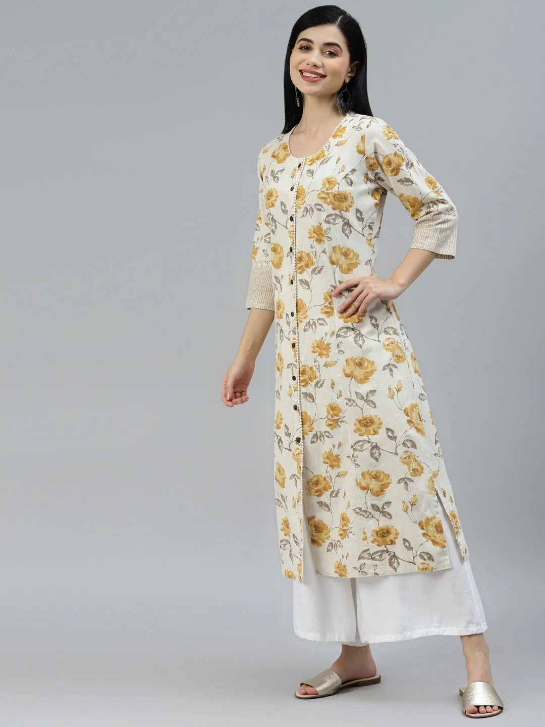 Floral Print Yellow Cotton A-Line Kurta