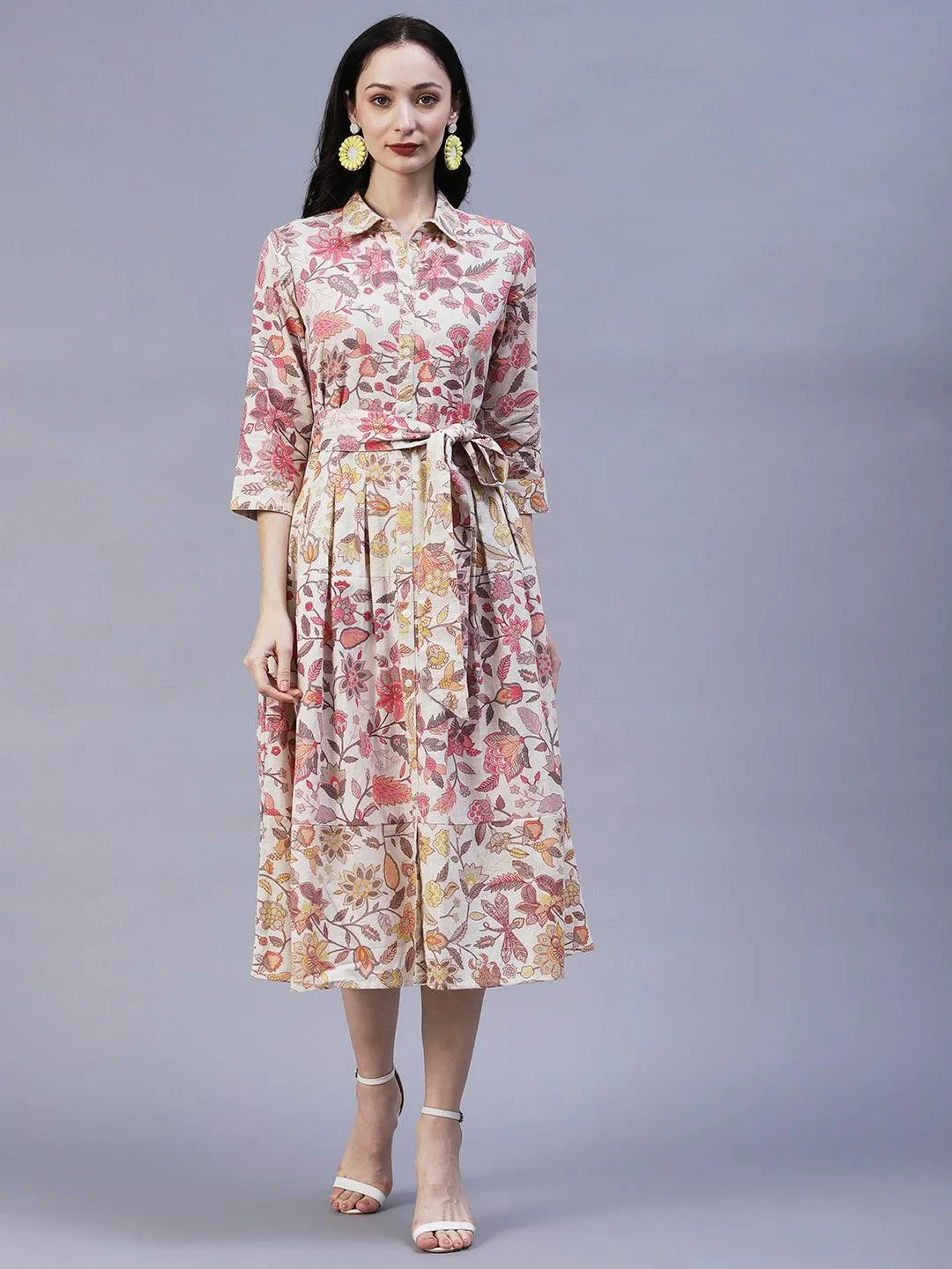 Floral Printed A-Line Box Pleated Midi Dress - Off White