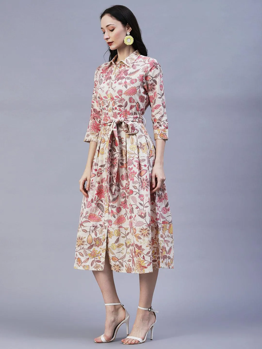 Floral Printed A-Line Box Pleated Midi Dress - Off White