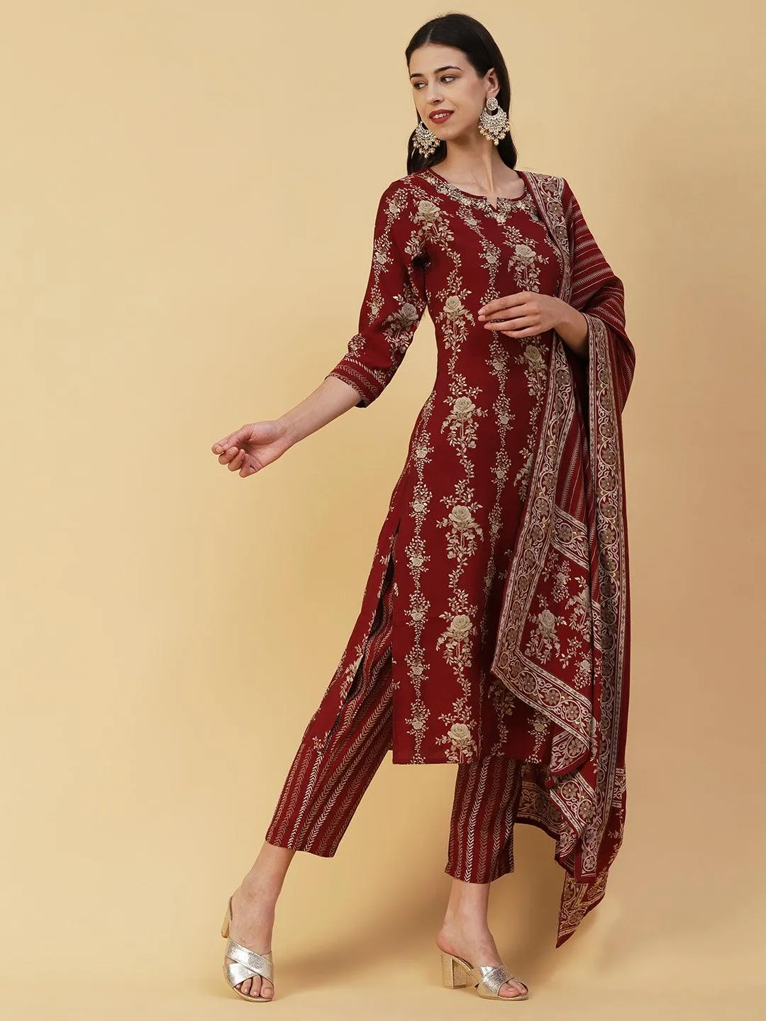 Floral Printed & Embroidered Straight Kurta with Palazzo & Dupatta - Maroon