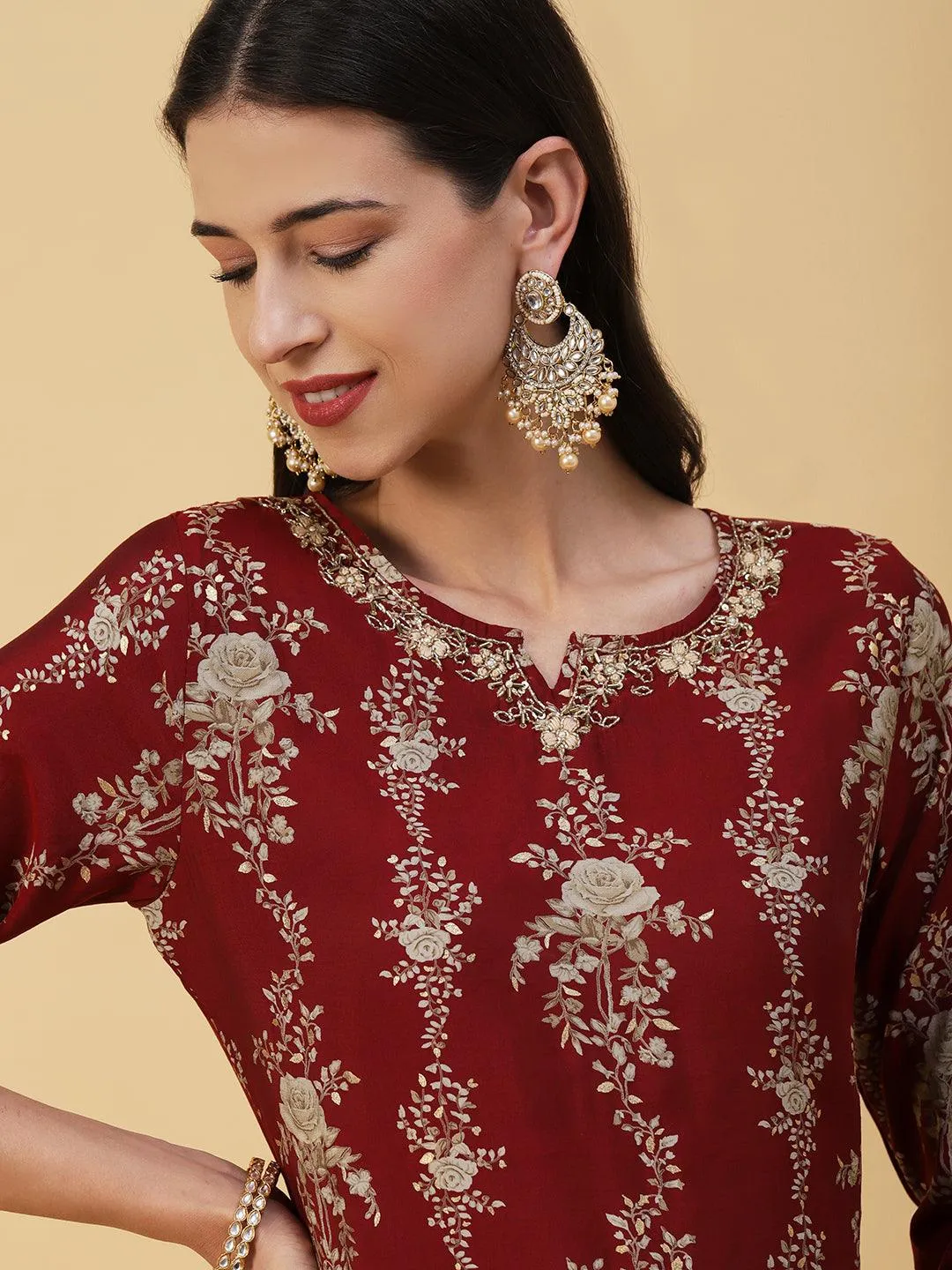 Floral Printed & Embroidered Straight Kurta with Palazzo & Dupatta - Maroon