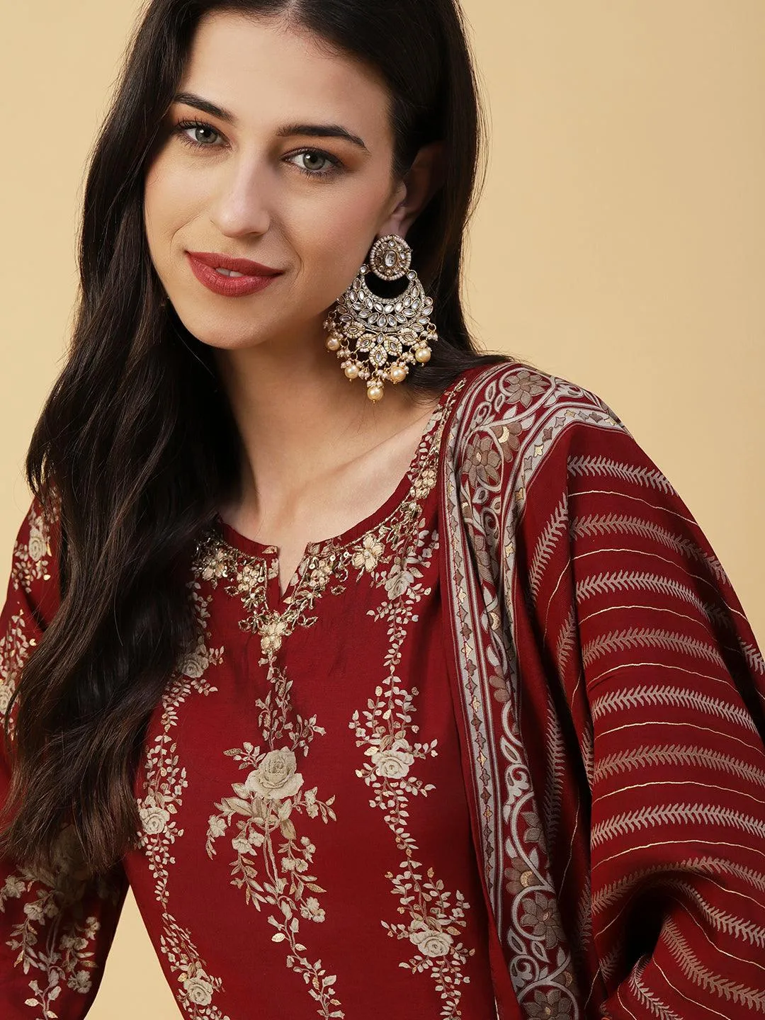 Floral Printed & Embroidered Straight Kurta with Palazzo & Dupatta - Maroon