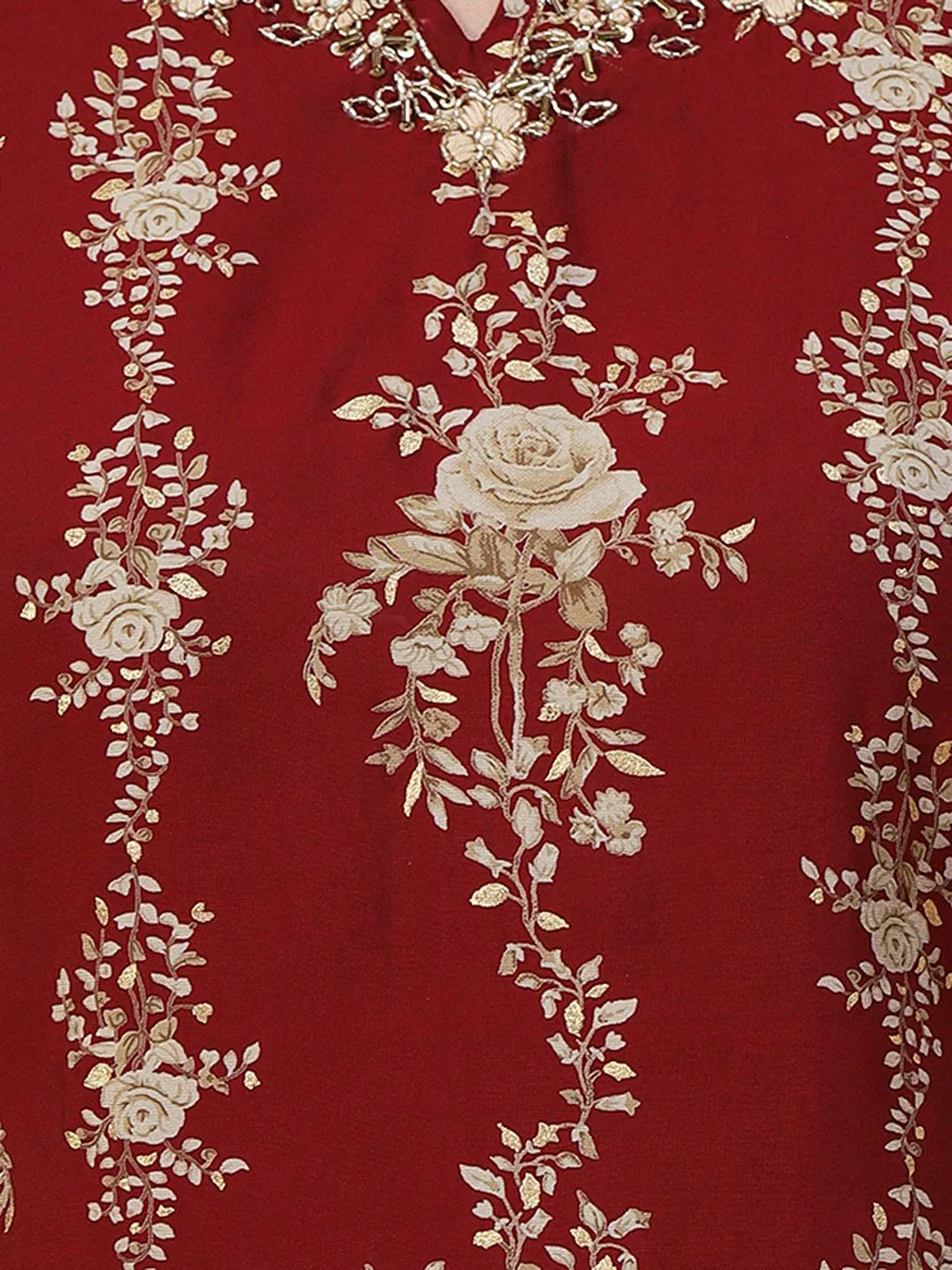 Floral Printed & Embroidered Straight Kurta with Palazzo & Dupatta - Maroon