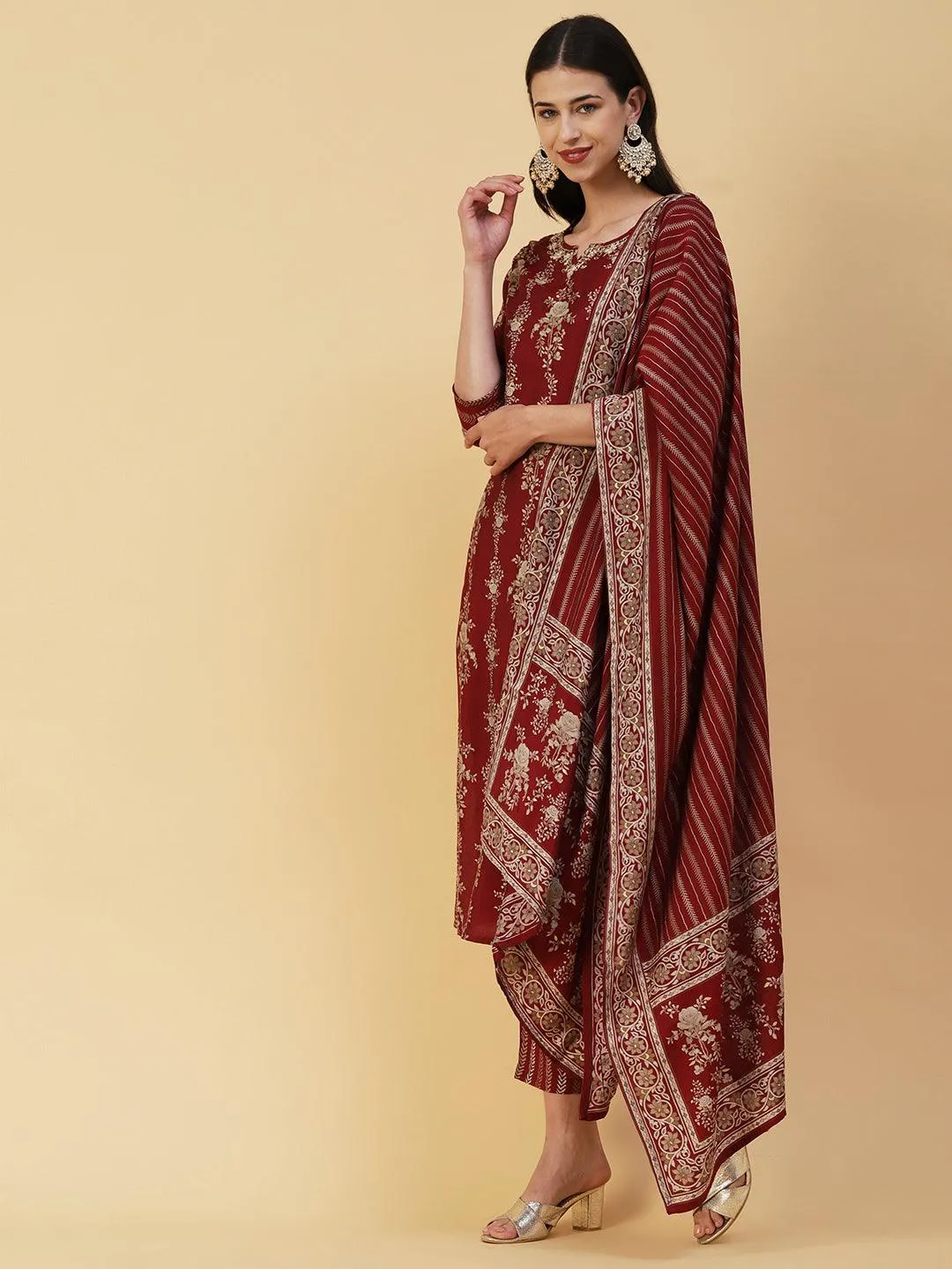 Floral Printed & Embroidered Straight Kurta with Palazzo & Dupatta - Maroon