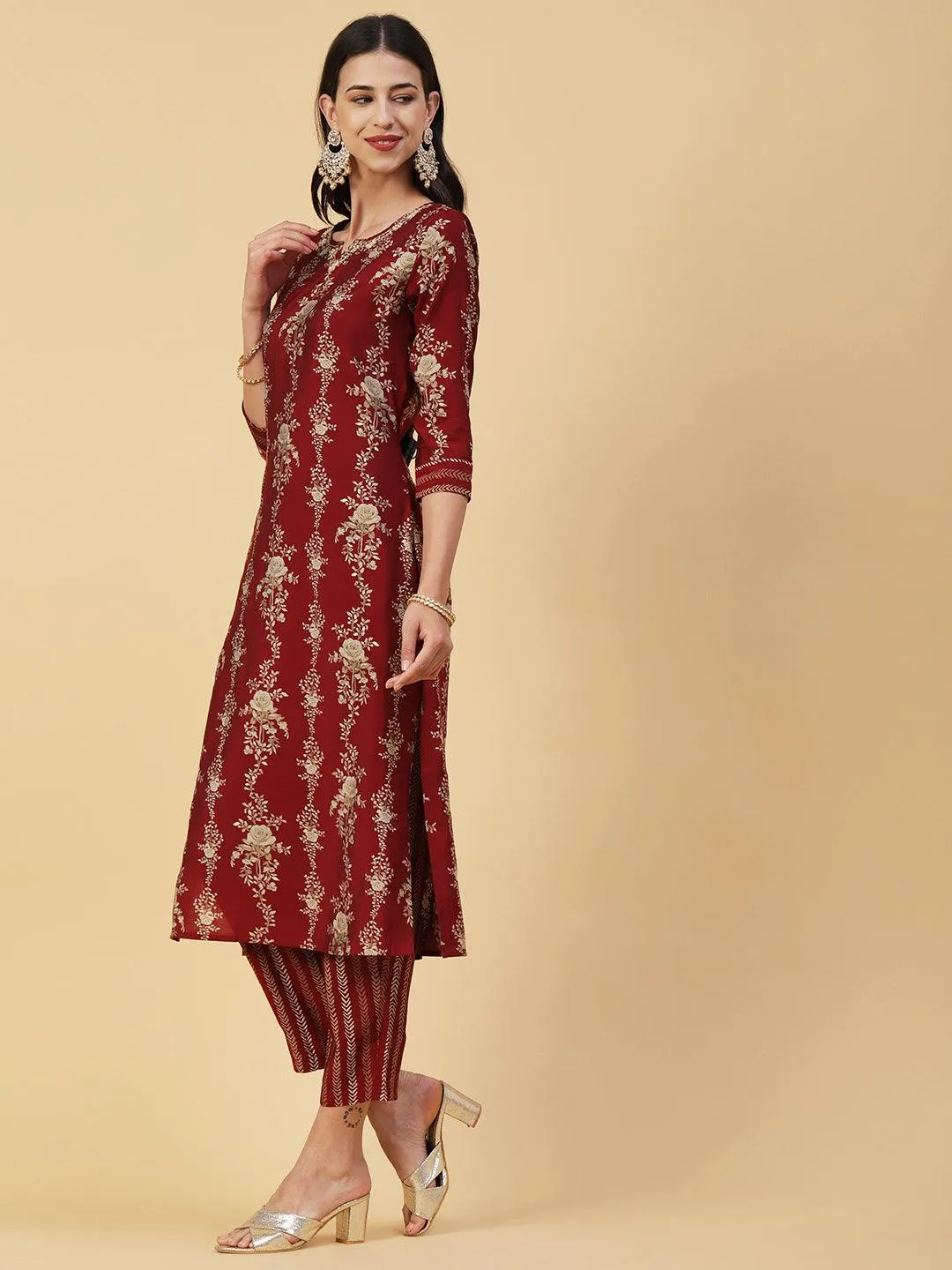 Floral Printed & Embroidered Straight Kurta with Palazzo & Dupatta - Maroon