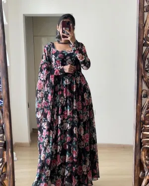 Floral Printed Black Color Designer Gown