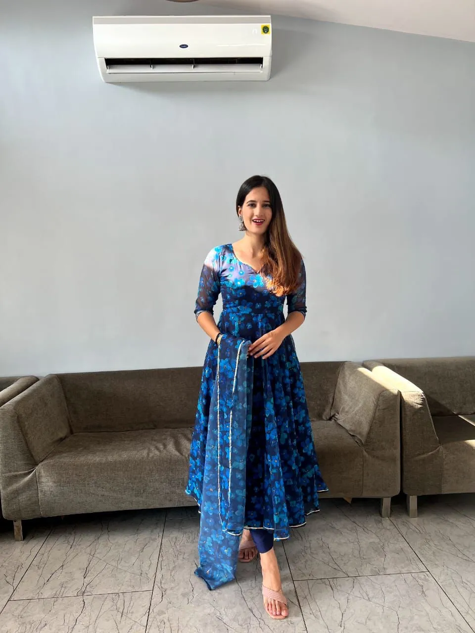 Floral Printed Blue Color Georgette Anarkali Gown