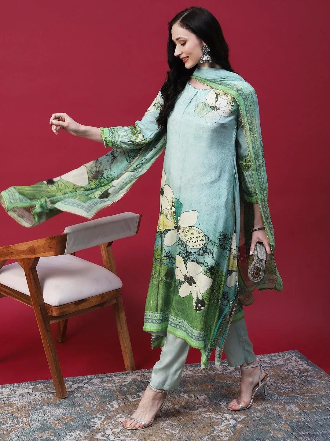 Floral Printed Embellished Kurta With Pants & Printed Dupatta - Mint Green