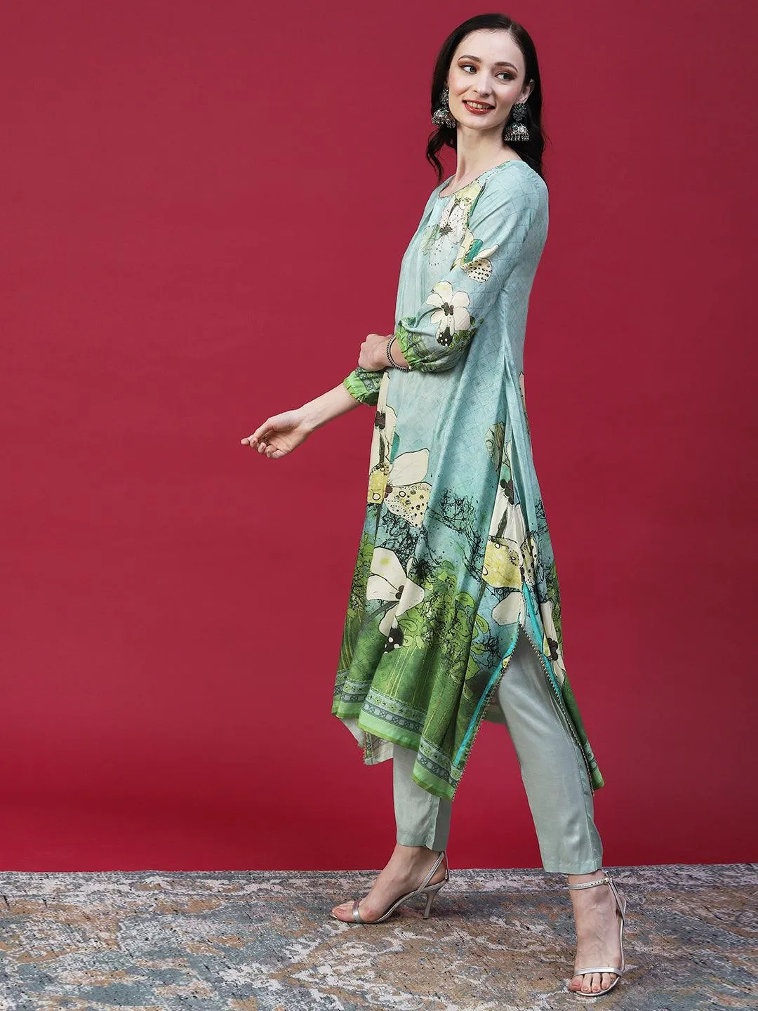 Floral Printed Embellished Kurta With Pants & Printed Dupatta - Mint Green