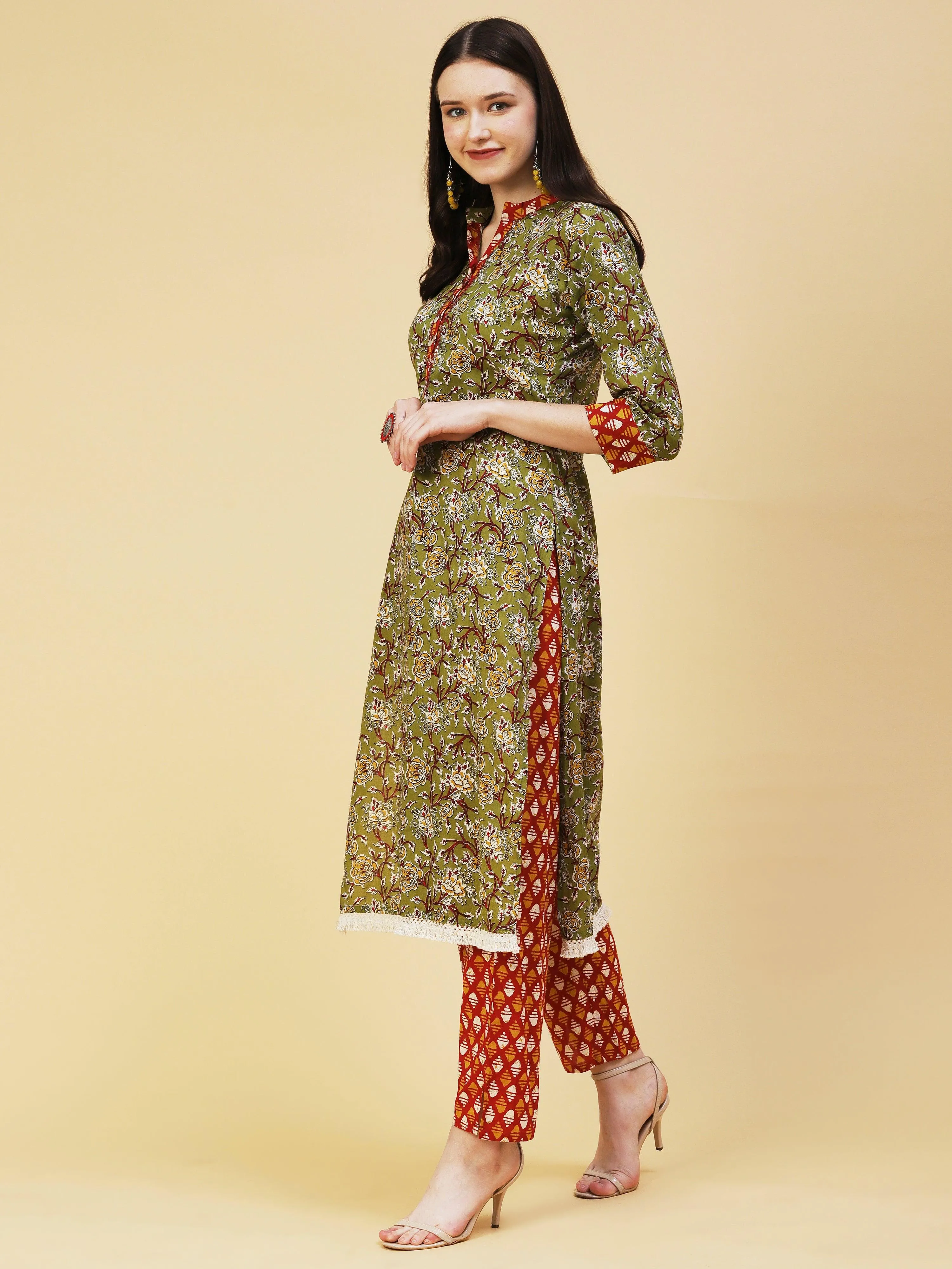 Floral Printed Hand Embroidered Kurta With Abstract printed Pants - Olive