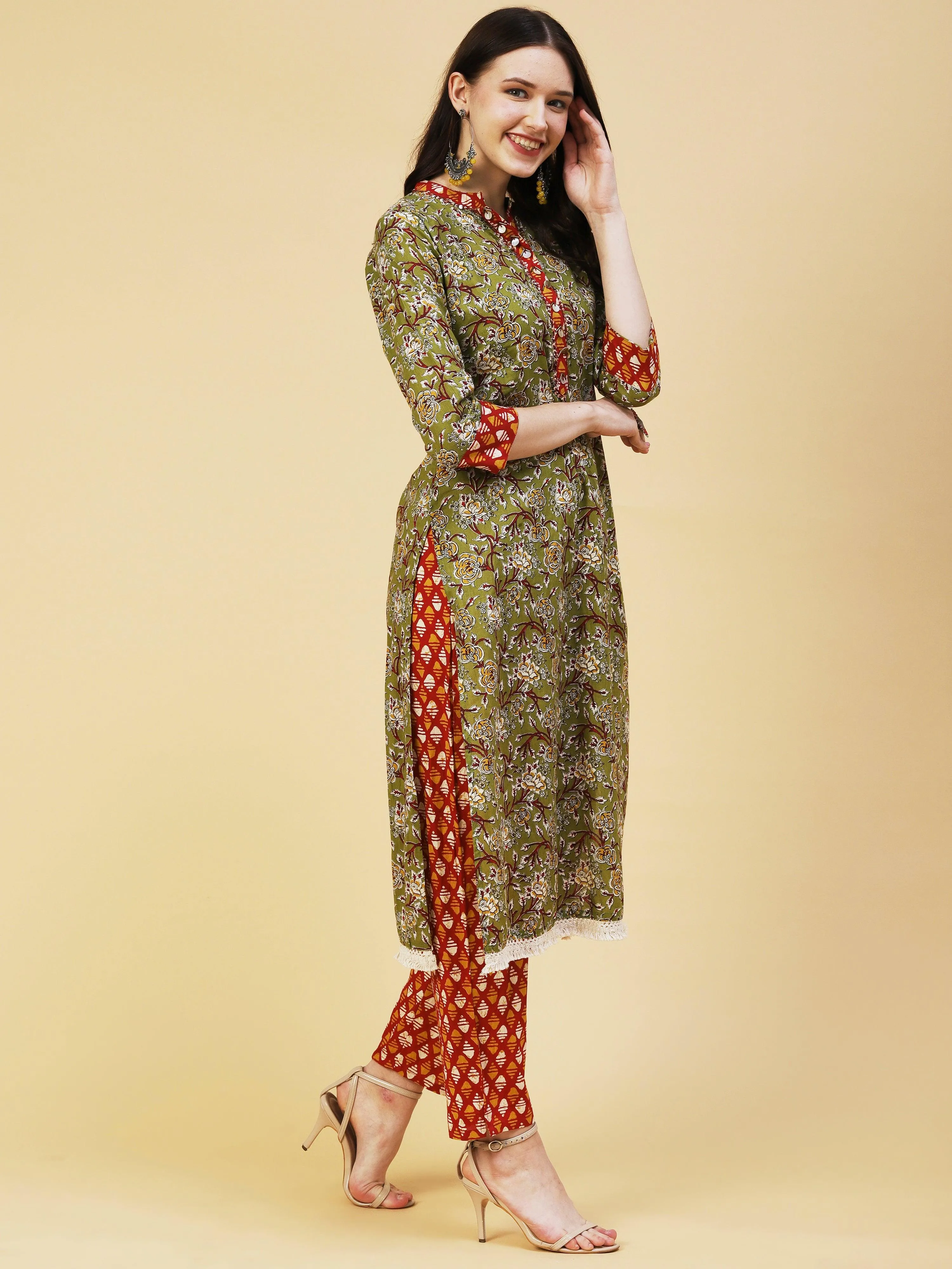 Floral Printed Hand Embroidered Kurta With Abstract printed Pants - Olive