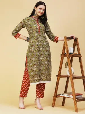 Floral Printed Hand Embroidered Kurta With Abstract printed Pants - Olive