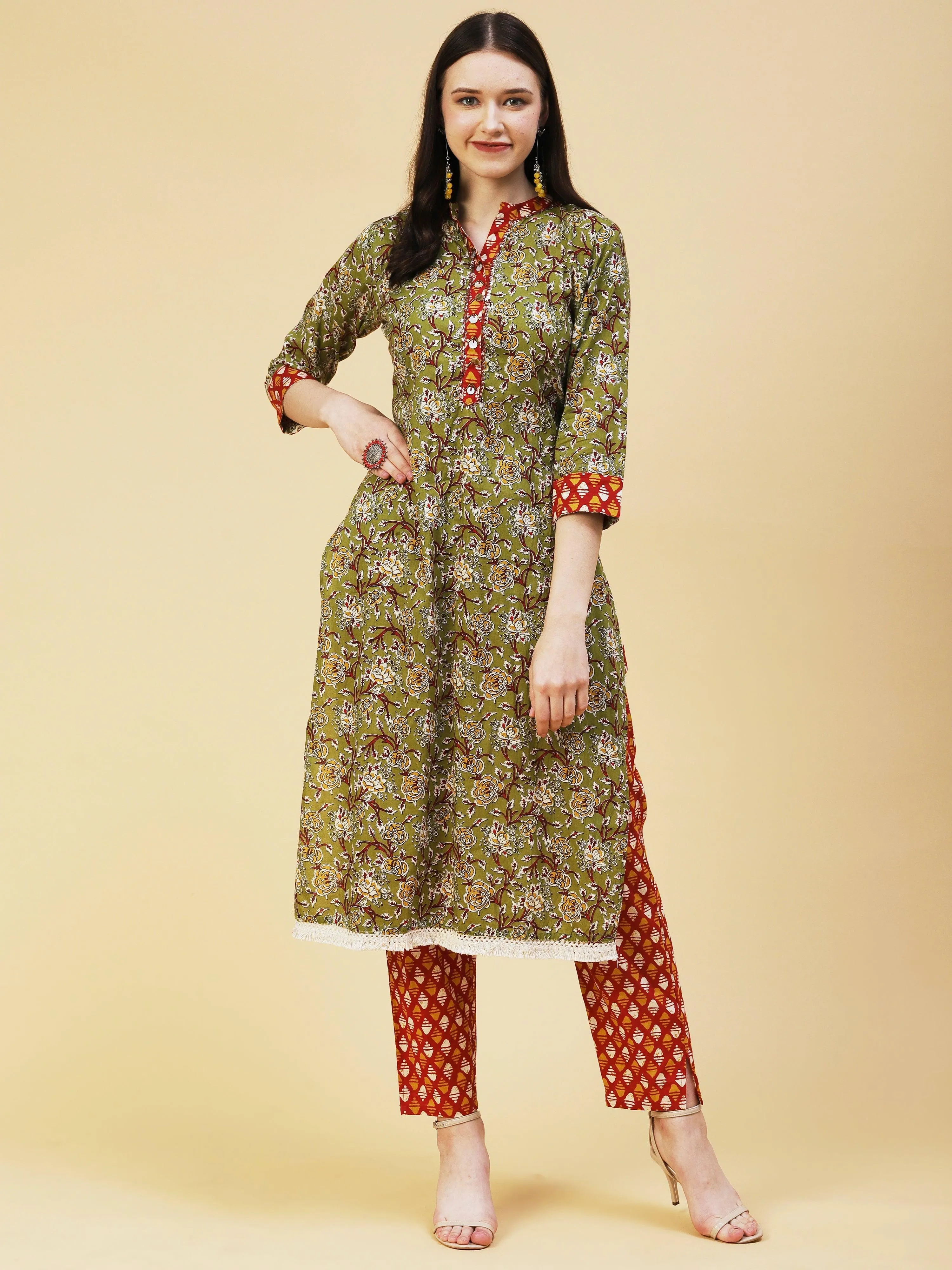 Floral Printed Hand Embroidered Kurta With Abstract printed Pants - Olive