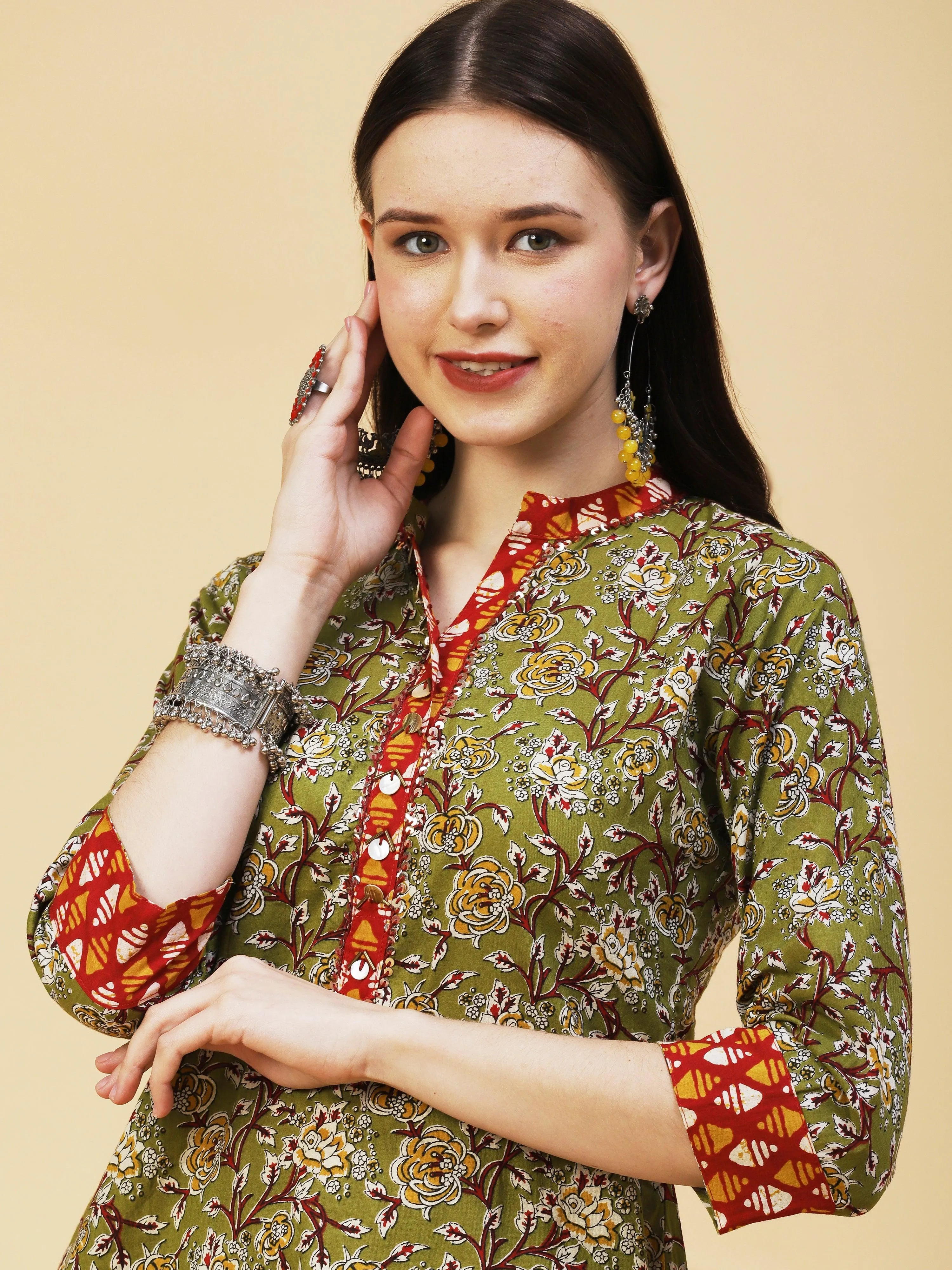 Floral Printed Hand Embroidered Kurta With Abstract printed Pants - Olive