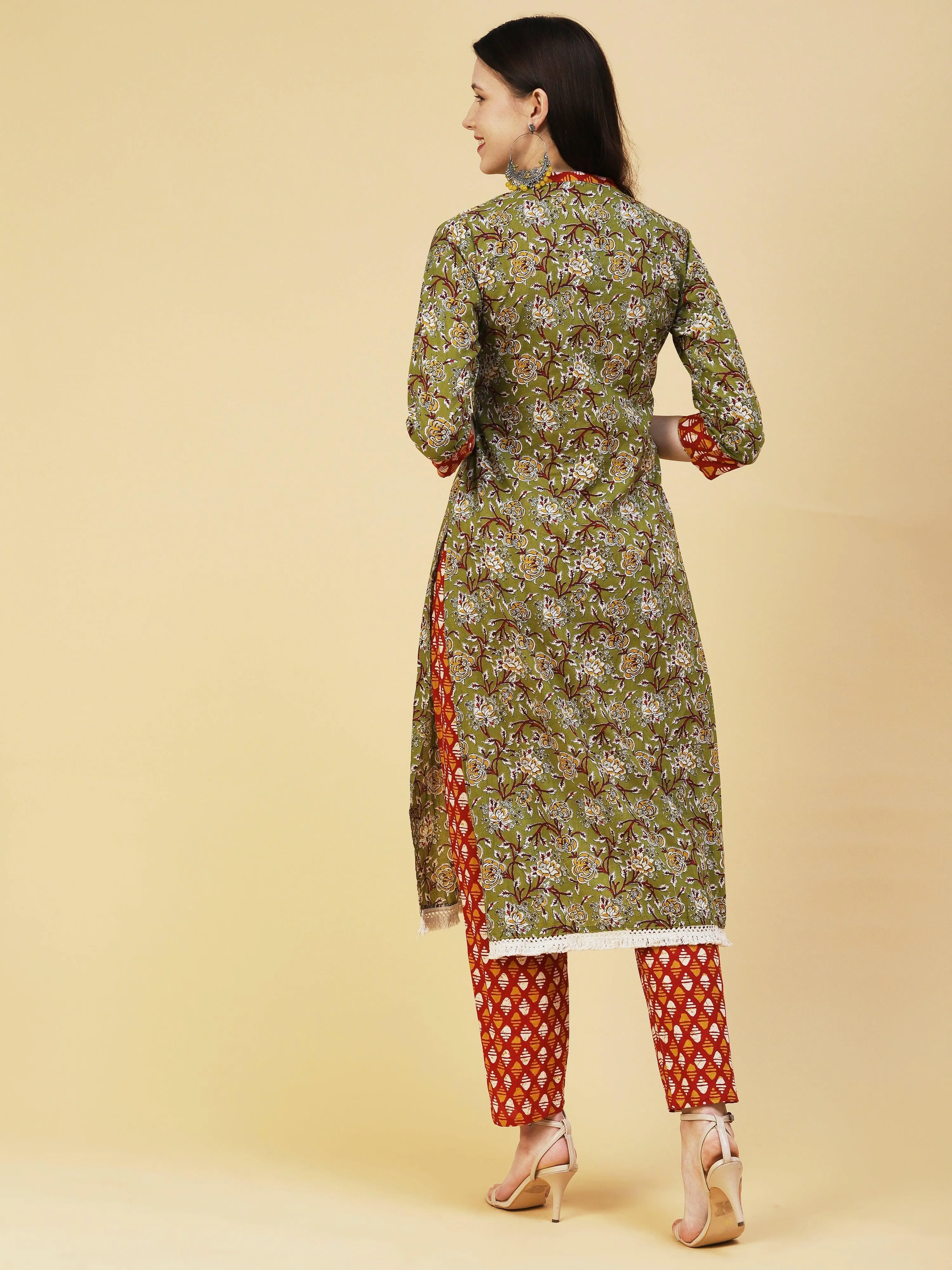 Floral Printed Hand Embroidered Kurta With Abstract printed Pants - Olive