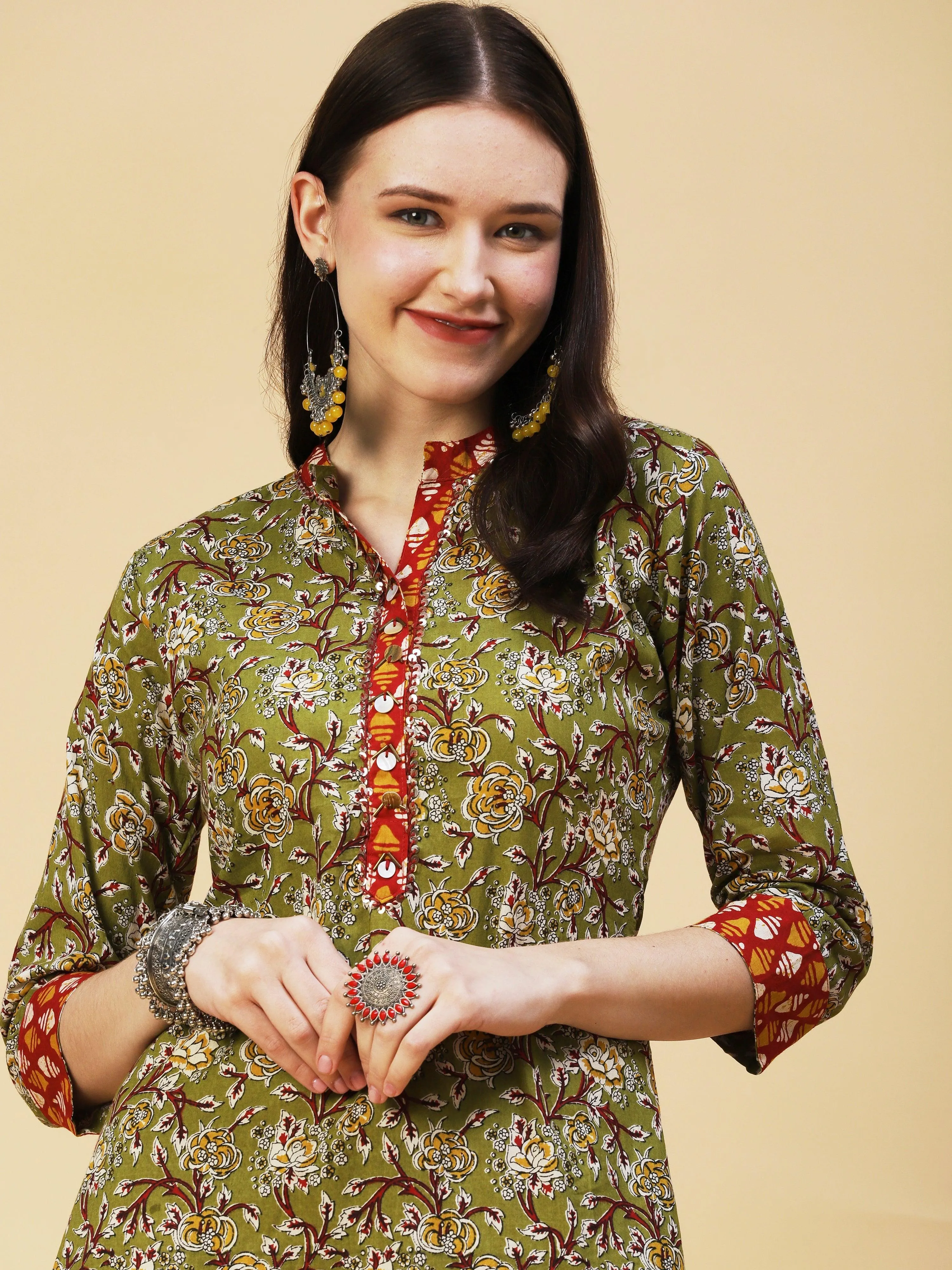 Floral Printed Hand Embroidered Kurta With Abstract printed Pants - Olive