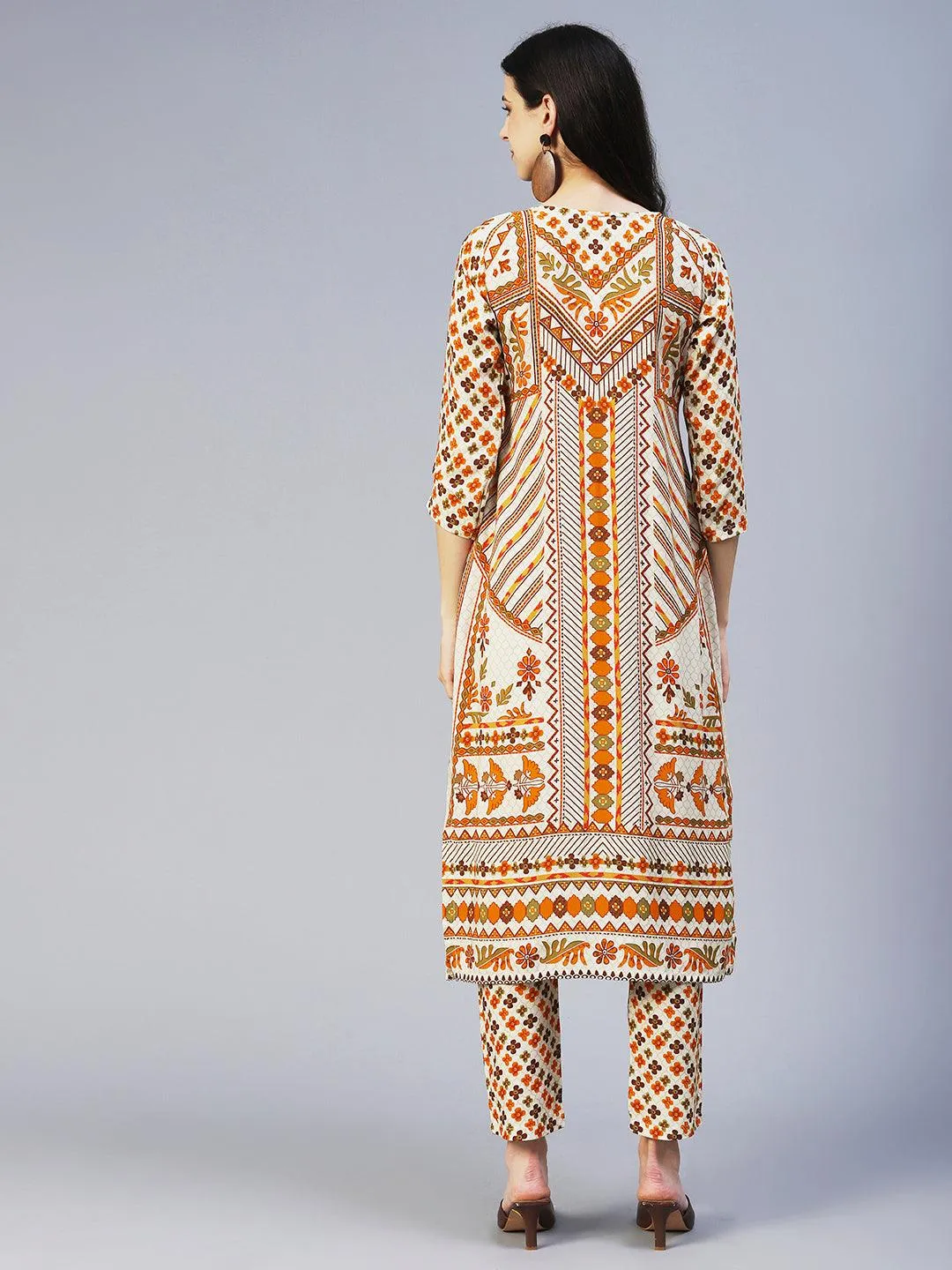 Floral Printed Hand Embroidered Kurta With Pants - Multi