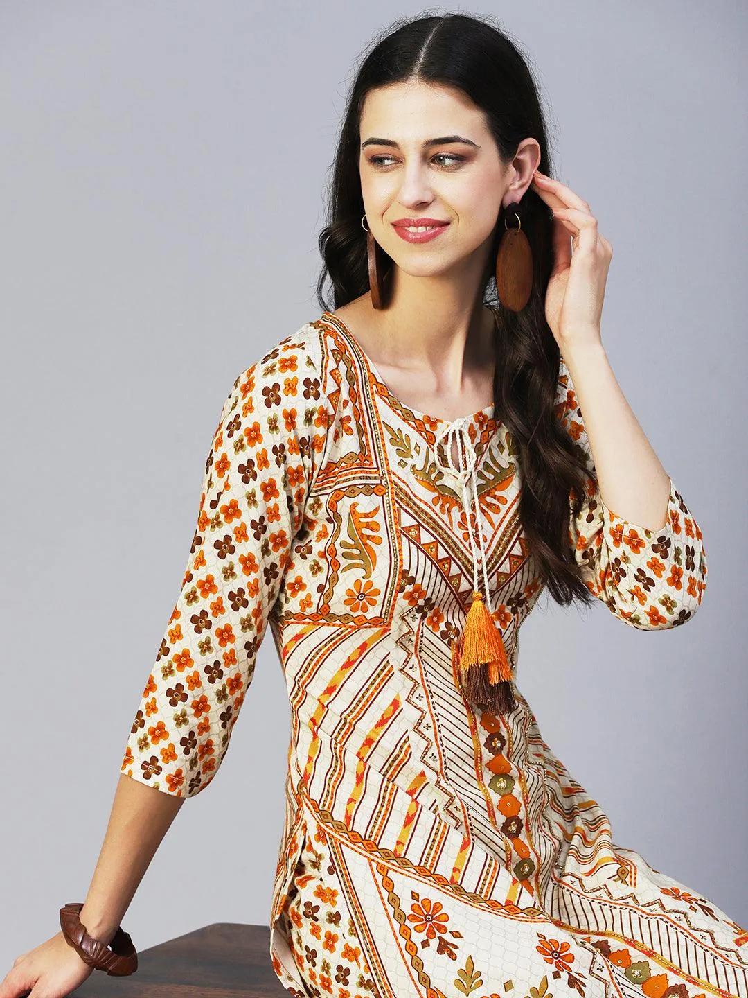 Floral Printed Hand Embroidered Kurta With Pants - Multi